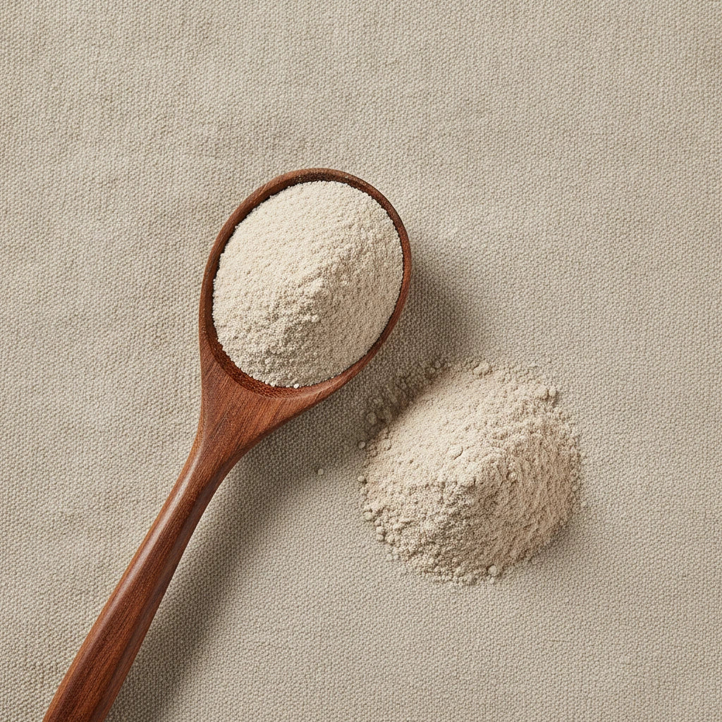 Rhodiola Root Extract Powder (Rhodiola Rosea) | Create a luxurious, photorealistic product photograph featuring the original product naturally arranged in an elegant handcrafted wooden spoon on a soft, finely