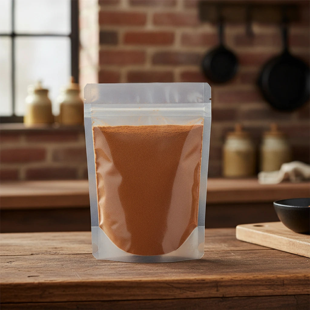 Rhubarb Root Powder (Rheum Officinalis) | The herb/berry/powder/fruit/root/bark that is in the black bowl, i would like it to shown in a plastic stand up resalable pouch that is clear.