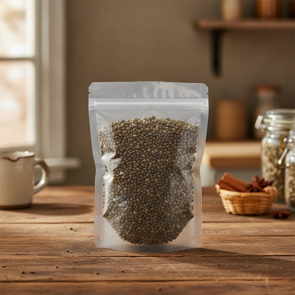 Roasted Hemp Seed Whole (Cannabis Sativa) | The herb/berry/powder/fruit/root/bark/seeds that is in the black bowl, i would like it to shown in a plastic stand up resalable pouch that is clear.