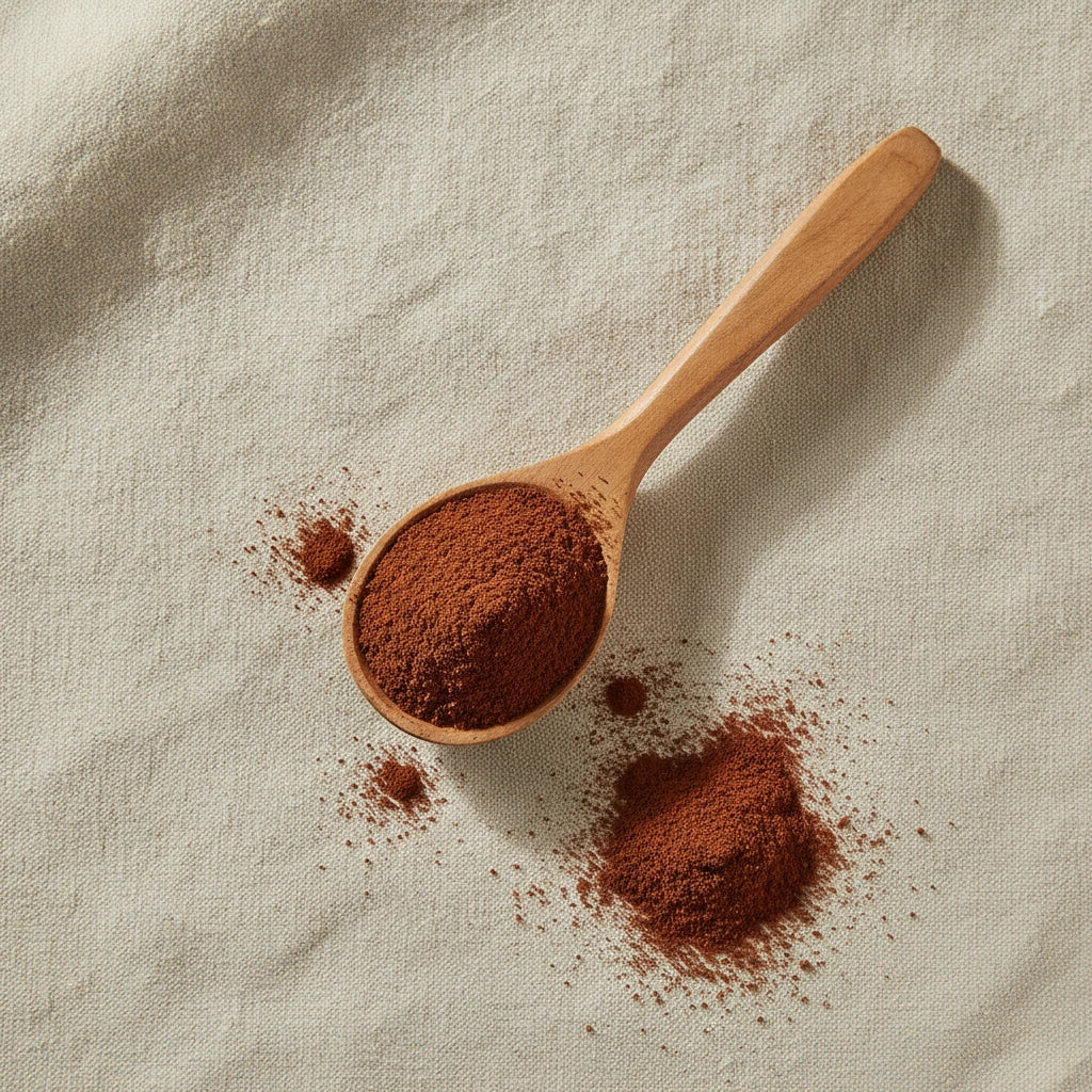 Rooibos Extract Powder (Aspalathus Linearis) | Create a luxurious, photorealistic product photograph featuring the original product naturally arranged in an elegant handcrafted wooden spoon on a soft, finely