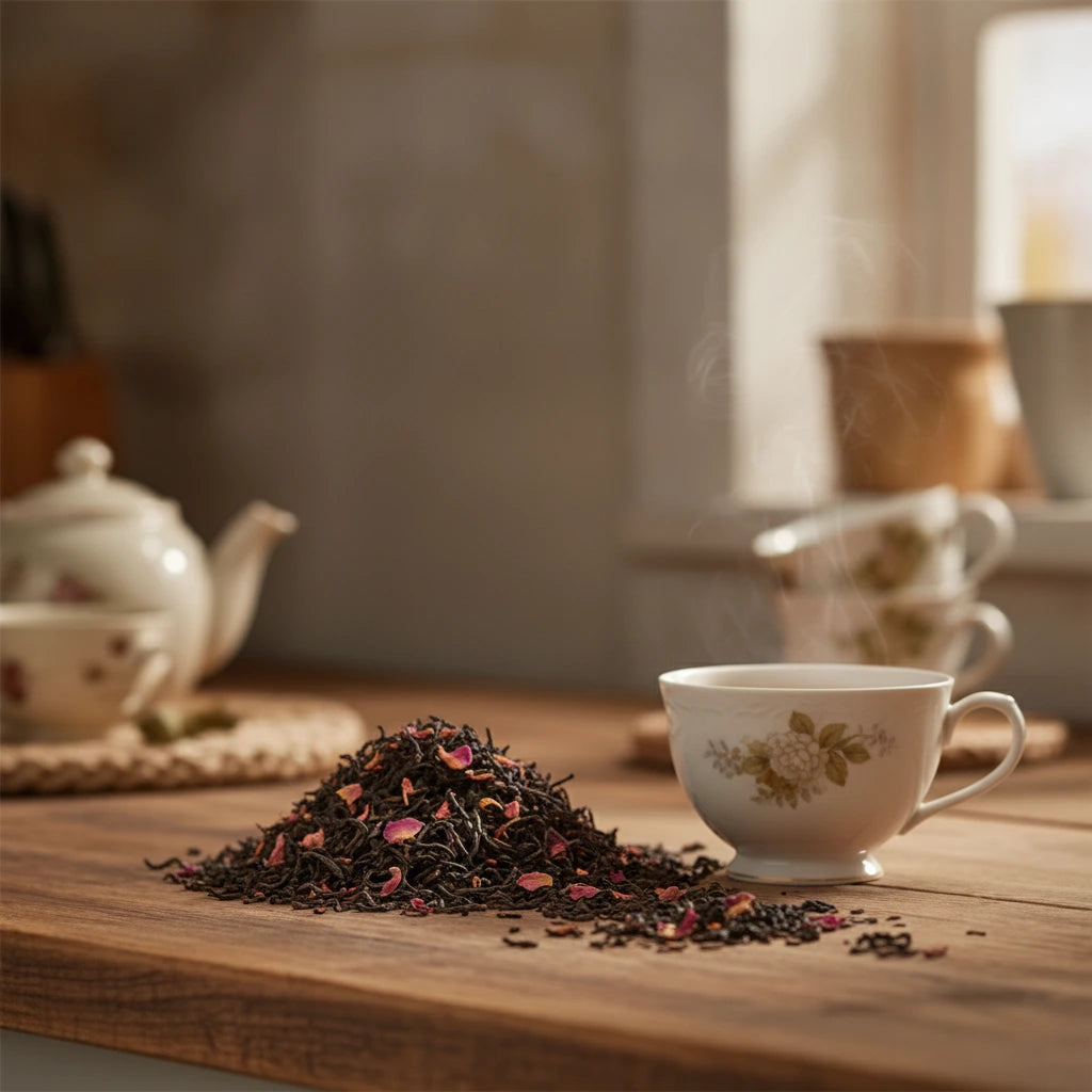 Rose Congou Black Tea (Camellia Sinensis) | Can you show this tea outside of the bag and bowl, on a table next to a hot tea cup in a rustic home.