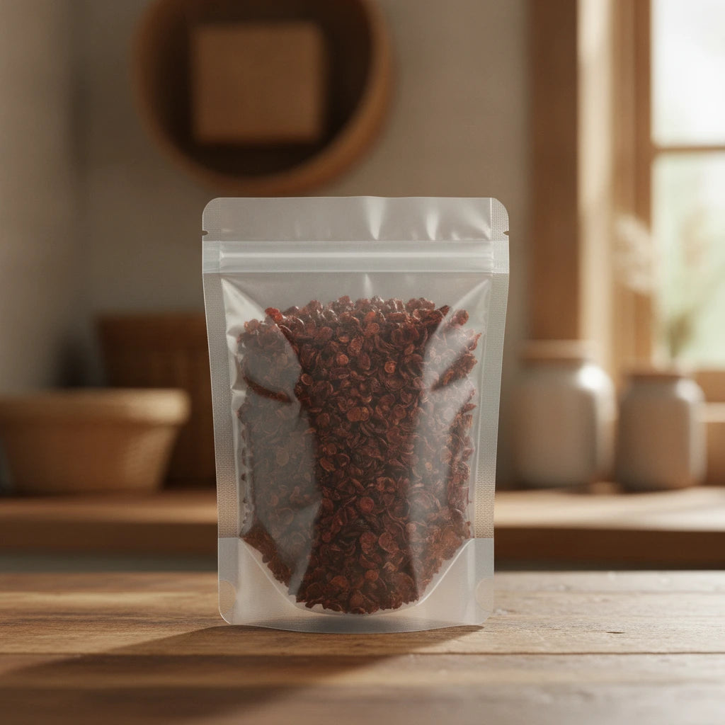 Rose Hips Cut - Seedless (Rosa Canina) | The herb/berry/powder/fruit/root/bark that is in the black bowl, i would like it to shown in a plastic stand up resalable pouch that is clear.