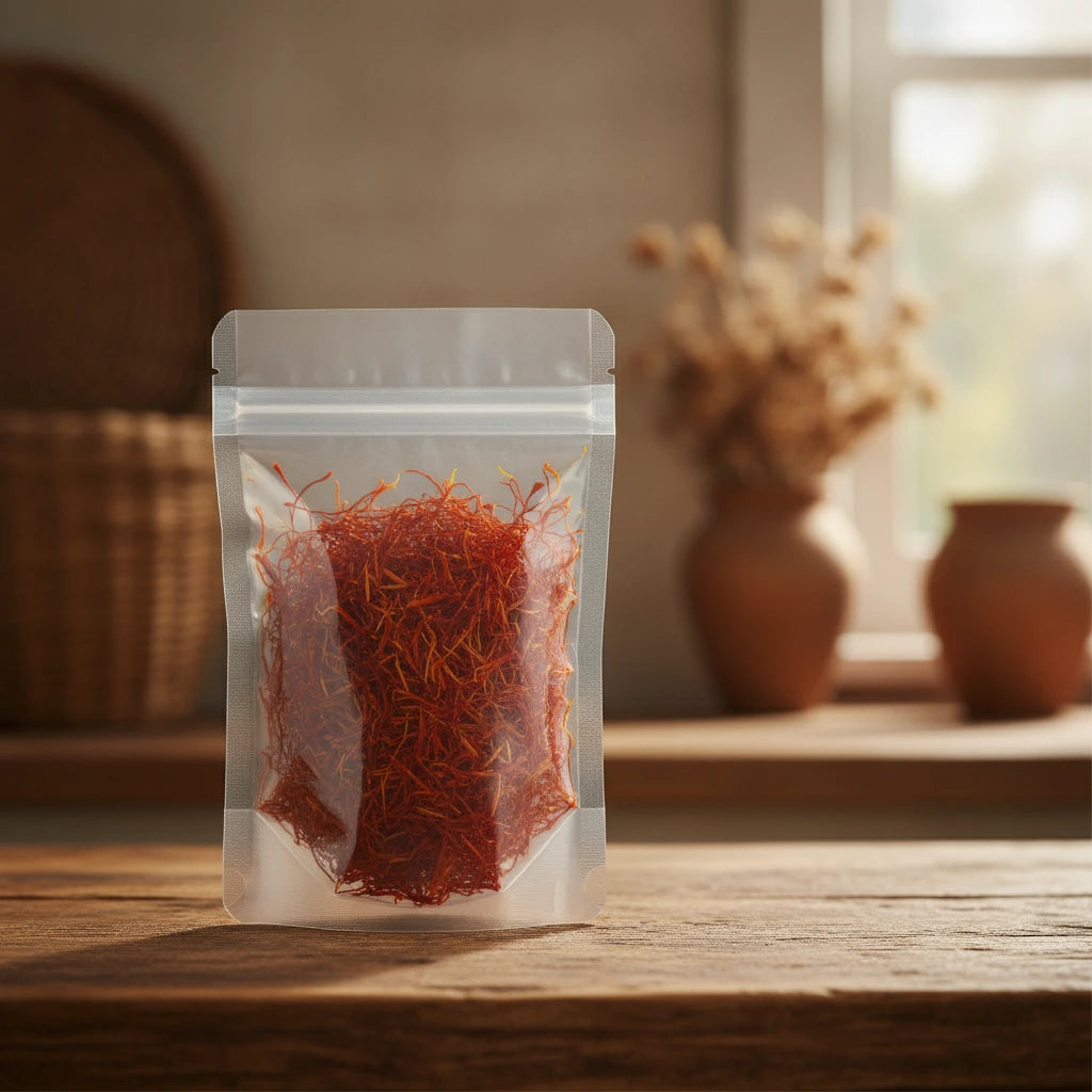 Safflower Petals (Carthamus Tinctorius) | The herb/berry/powder/fruit/root/bark that is in the black bowl, i would like it to shown in a plastic stand up resalable pouch that is clear.