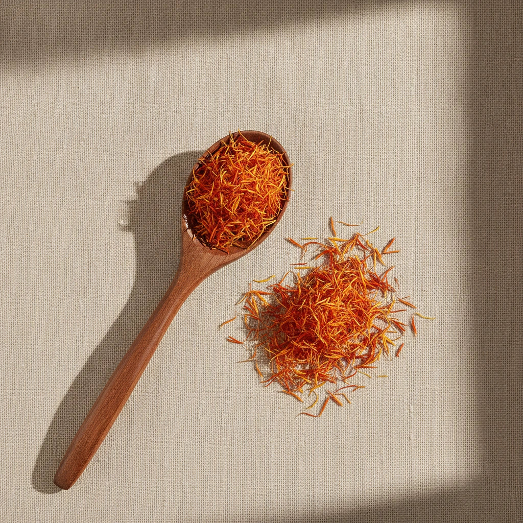 Safflower Petals (Carthamus Tinctorius) | Create a luxurious, photorealistic product photograph featuring the original product naturally arranged in an elegant handcrafted wooden spoon on a soft, finely