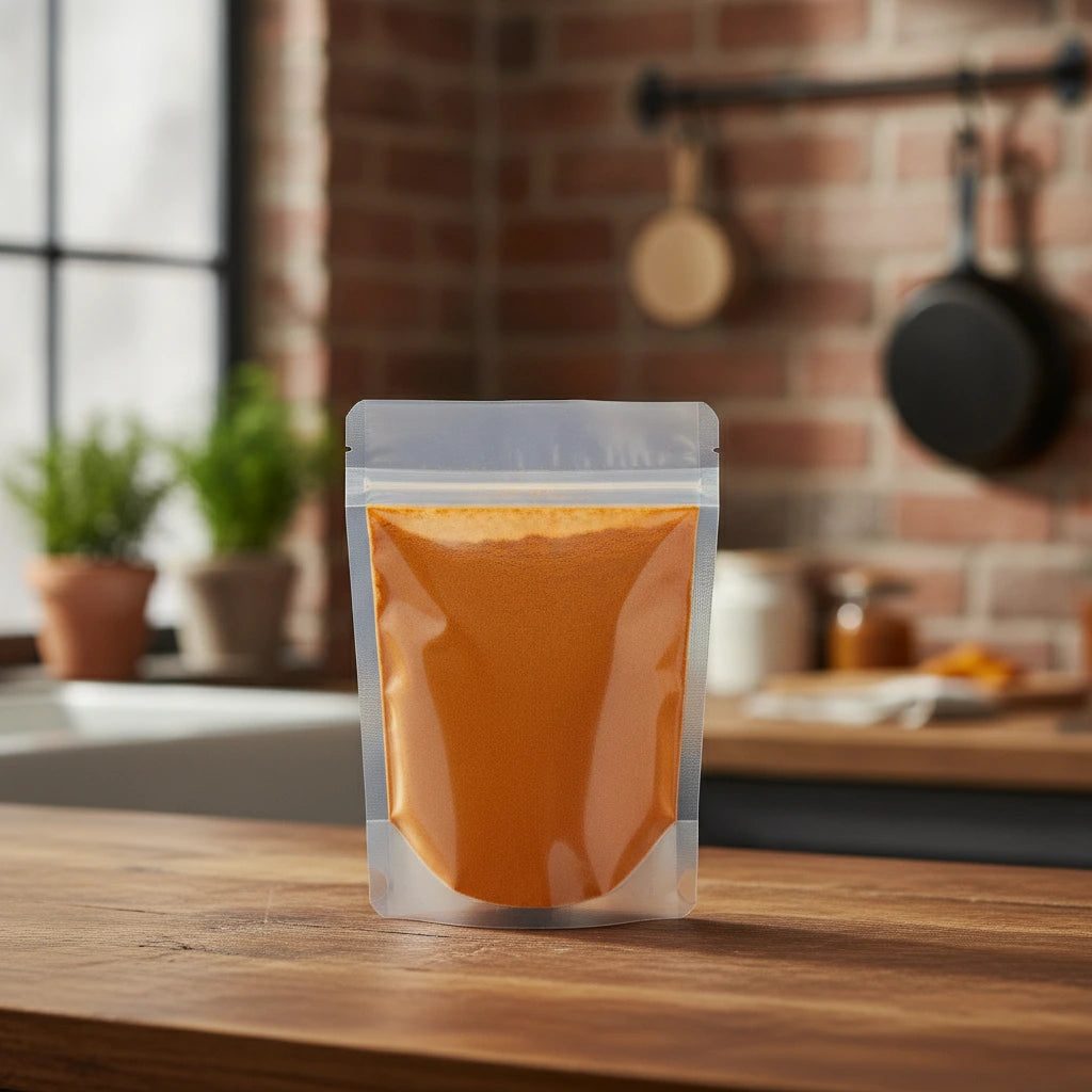Safflower Powder (Carthamus Tinctorius) | The herb/berry/powder/fruit/root/bark that is in the black bowl, i would like it to shown in a plastic stand up resalable pouch that is clear.