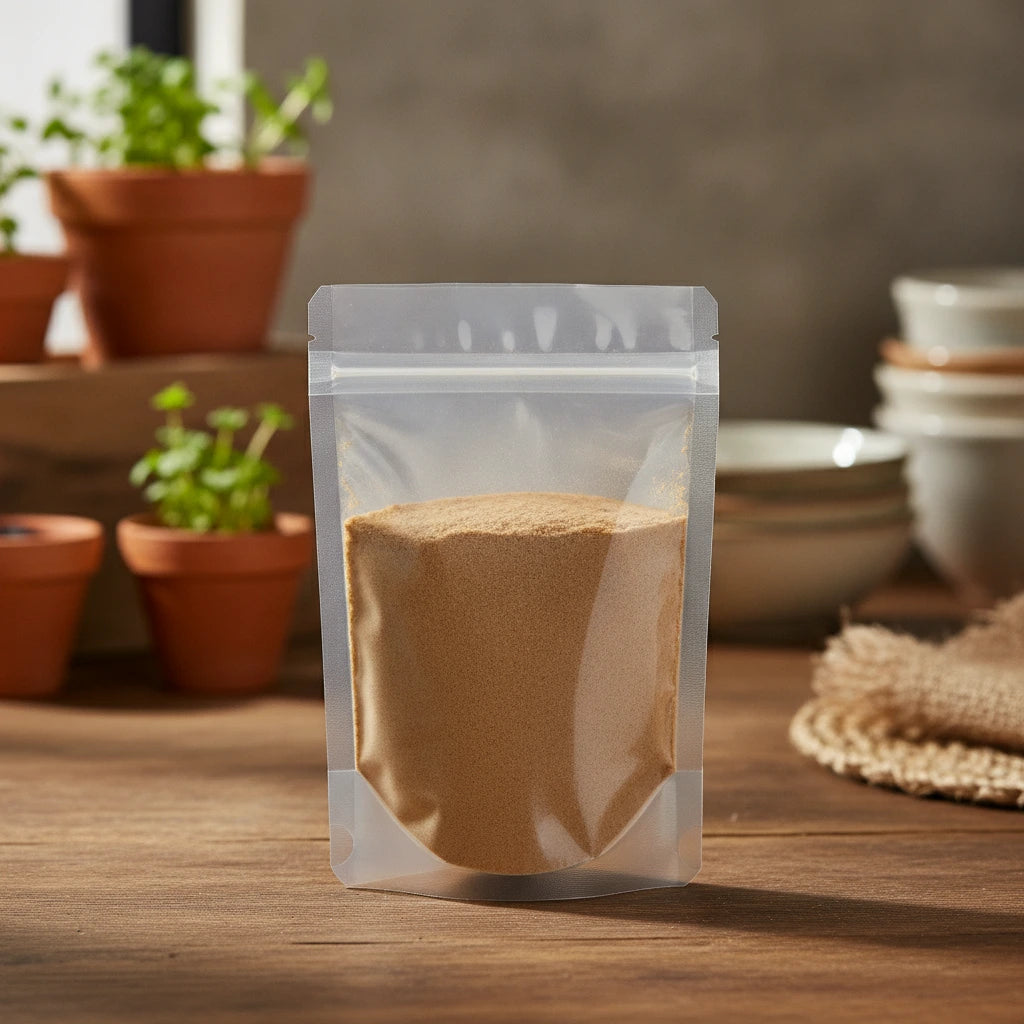 Sand Ginger Rhizome Powder (Kaempferia Galanga) | The herb/berry/powder/fruit/root/bark that is in the black bowl, i would like it to shown in a plastic stand up resalable pouch that is clear.