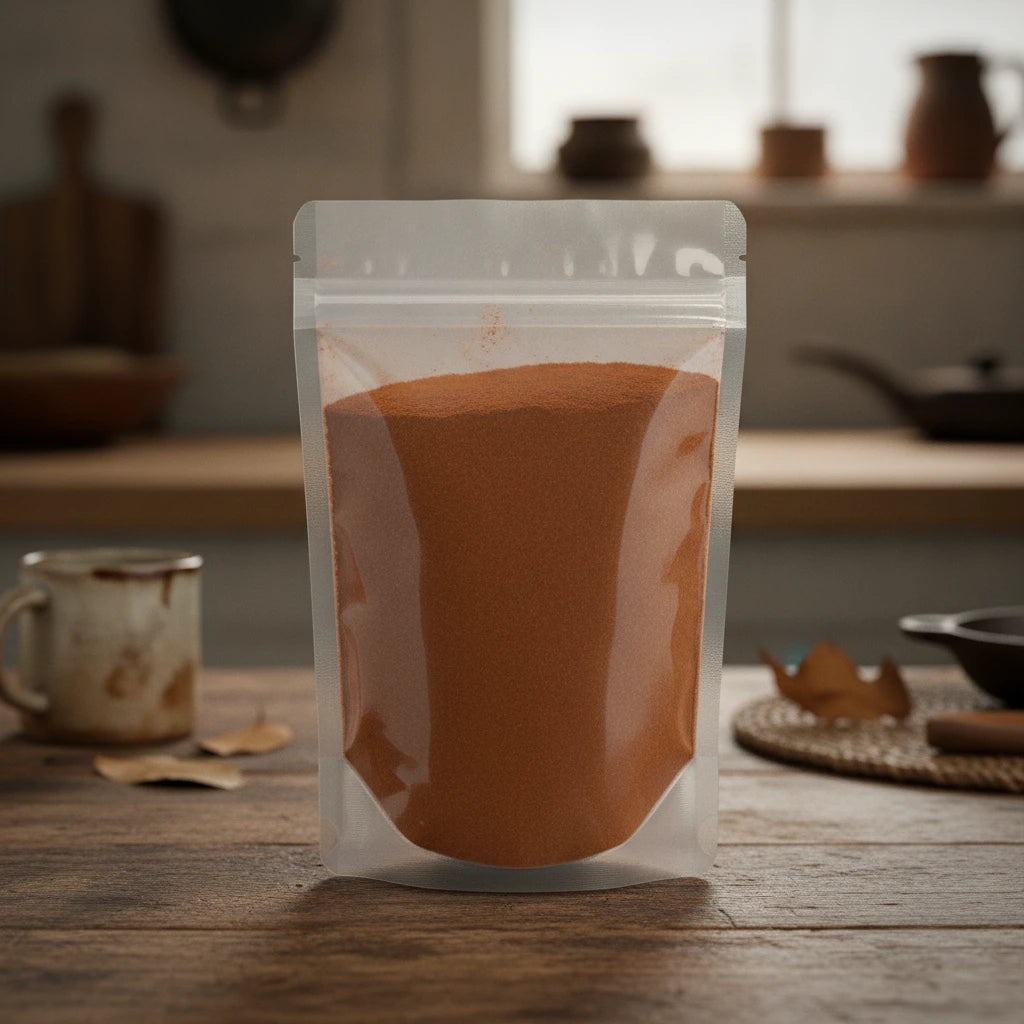 Sappan Wood Powder (Caesalpinia Sappan) | The herb/berry/powder/fruit/root/bark that is in the black bowl, i would like it to shown in a plastic stand up resalable pouch that is clear.