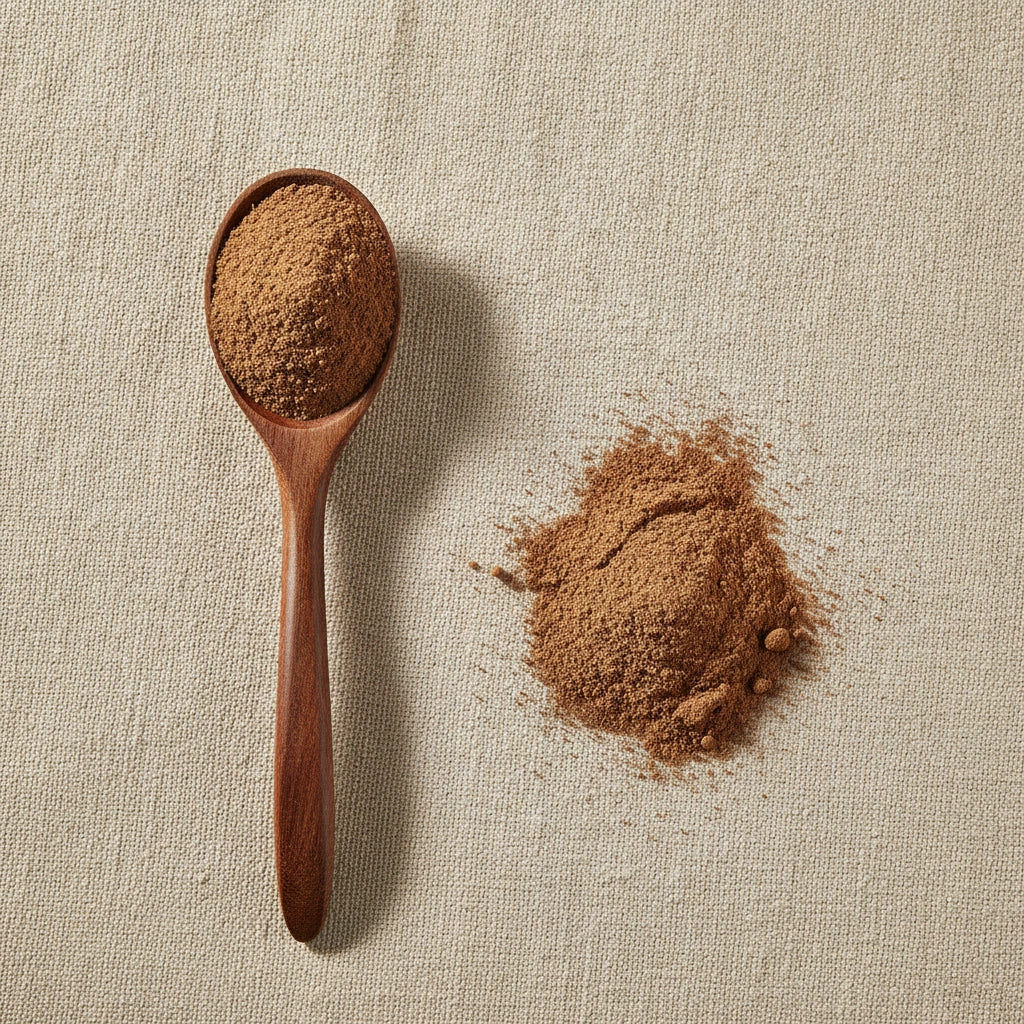 Sarsaparilla Root Powder (Mexican) (Smilax Medica) | Create a luxurious, photorealistic product photograph featuring the original product naturally arranged in an elegant handcrafted wooden spoon on a soft, finely