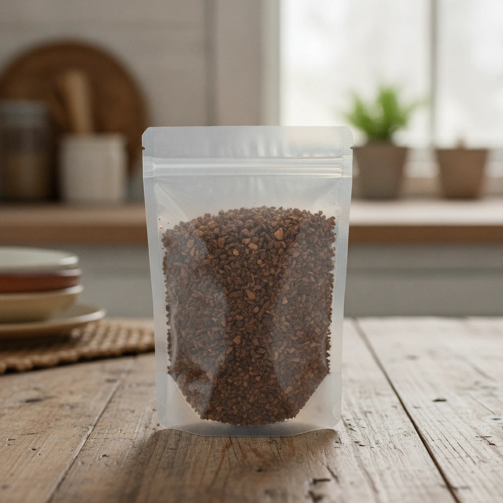 Sassafras Root Cut (Sassafras Albidium) | The herb/berry/powder/fruit/root/bark that is in the black bowl, i would like it to shown in a plastic stand up resalable pouch that is clear.