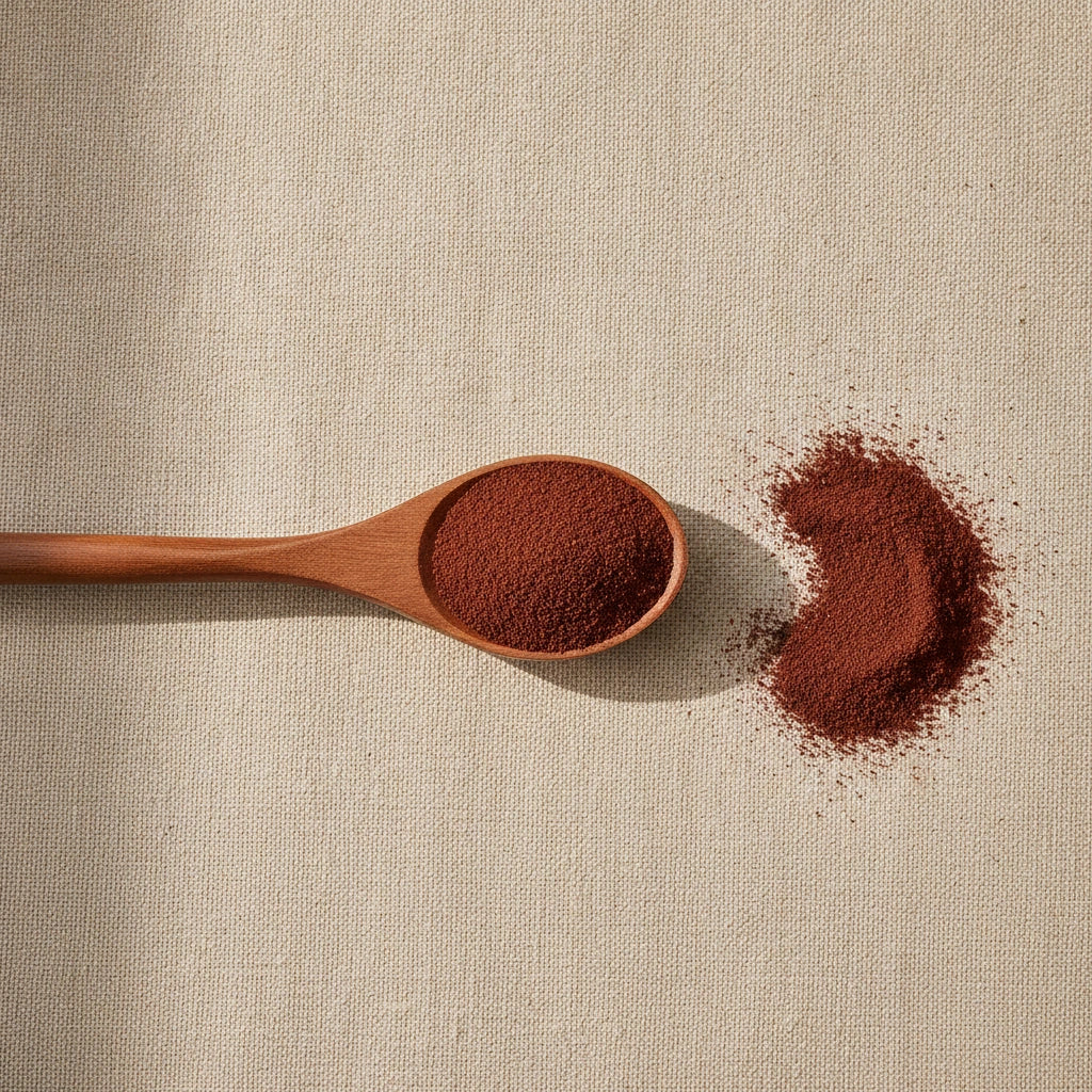 Schisandra Berry Powder (Schisandra Chinensis) | Create a luxurious, photorealistic product photograph featuring the original product naturally arranged in an elegant handcrafted wooden spoon on a soft, finely