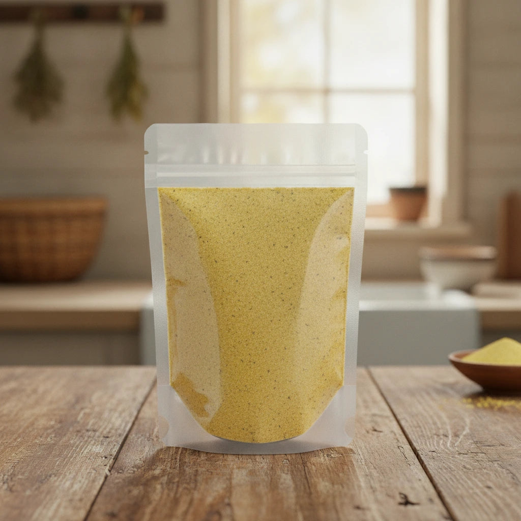 Seasoning Salt | The herb/berry/powder/fruit/root/bark that is in the black bowl, i would like it to shown in a plastic stand up resalable pouch that is clear.