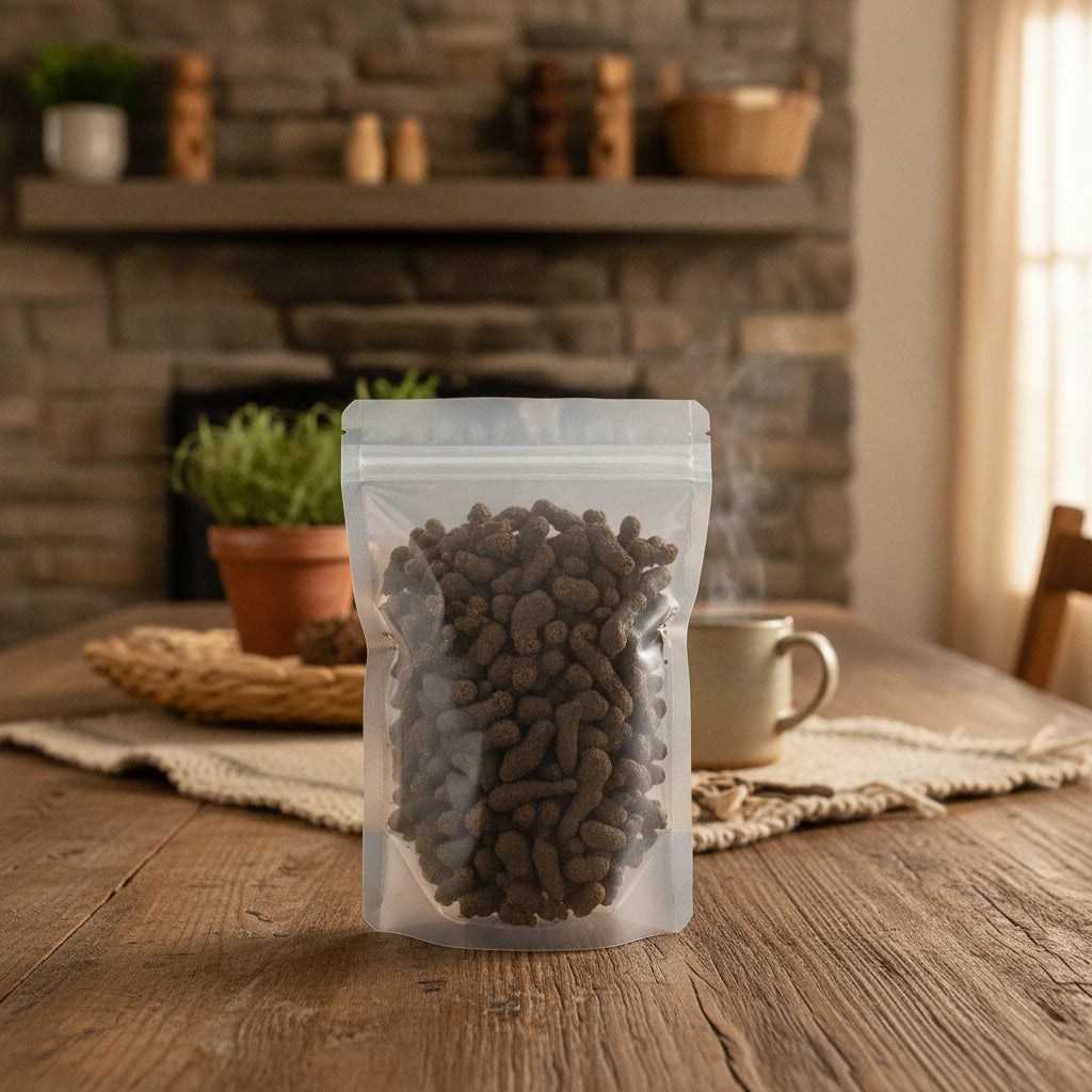 Semiaquilegia Root Tuber Pieces (Semiaquilegia Adoxoides) | The herb/berry/powder/fruit/root/bark that is in the black bowl, i would like it to shown in a plastic stand up resalable pouch that is clear.
