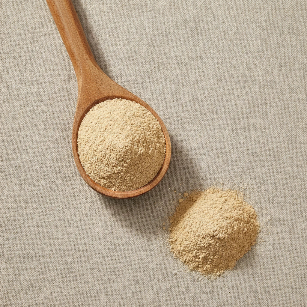 Shatavari Powder (Asparagus Racemosus) | Create a luxurious, photorealistic product photograph featuring the original product naturally arranged in an elegant handcrafted wooden spoon on a soft, finely