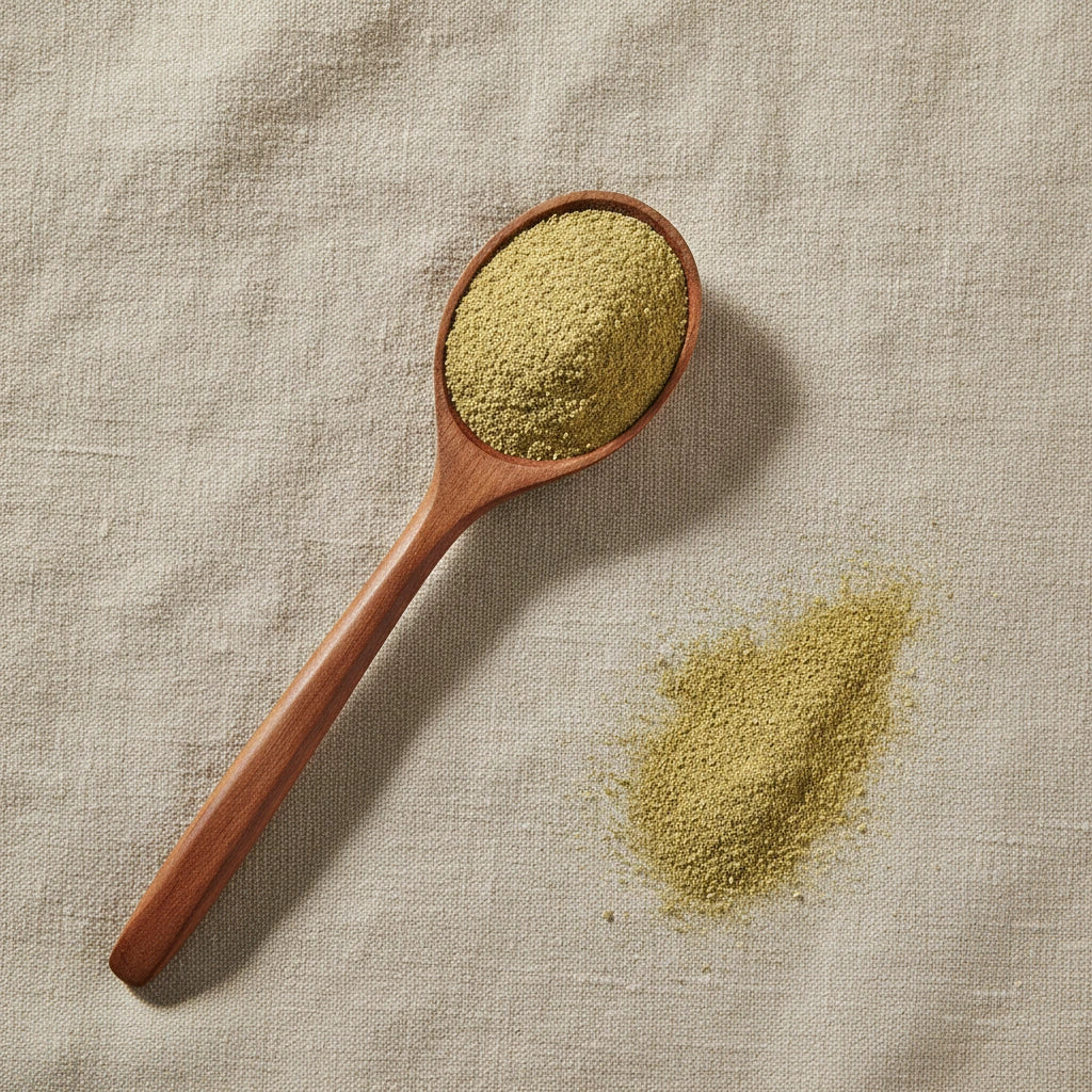 Shepherd's Purse Herb Powder (Capsella Bursa-pastoris) | Create a luxurious, photorealistic product photograph featuring the original product naturally arranged in an elegant handcrafted wooden spoon on a soft, finely