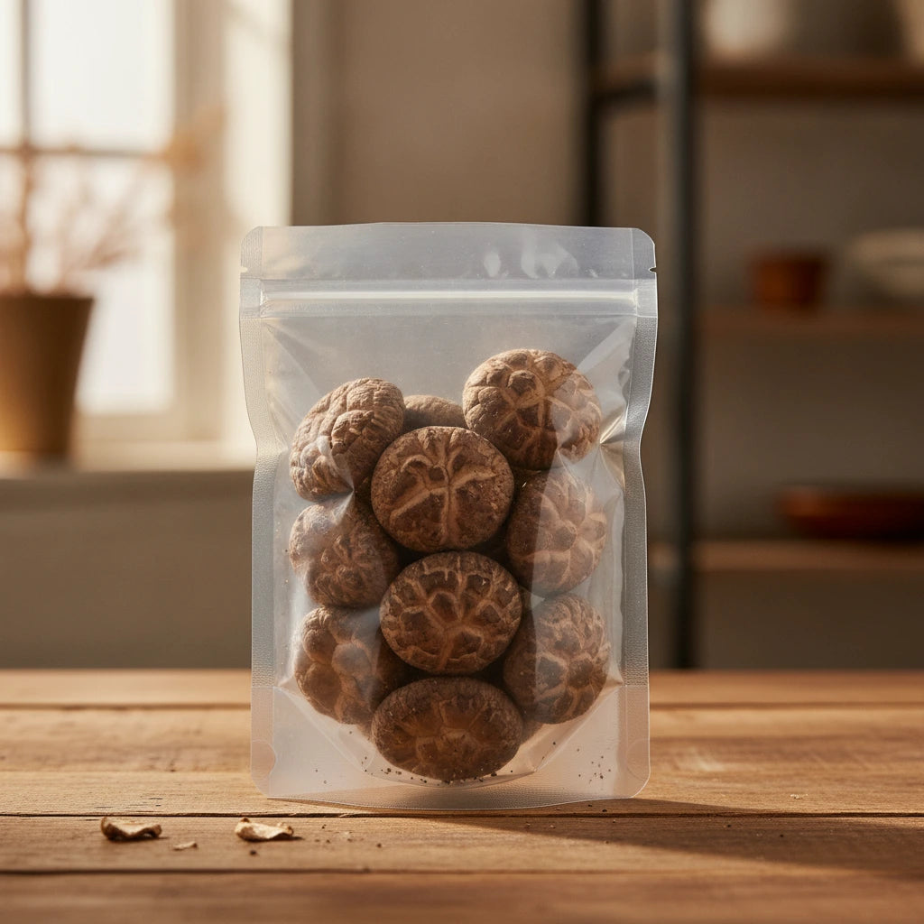 Shiitake Mushroom Whole (Lentinula Edodes) | The herb/berry/powder/fruit/root/bark that is in the black bowl, i would like it to shown in a plastic stand up resalable pouch that is clear.