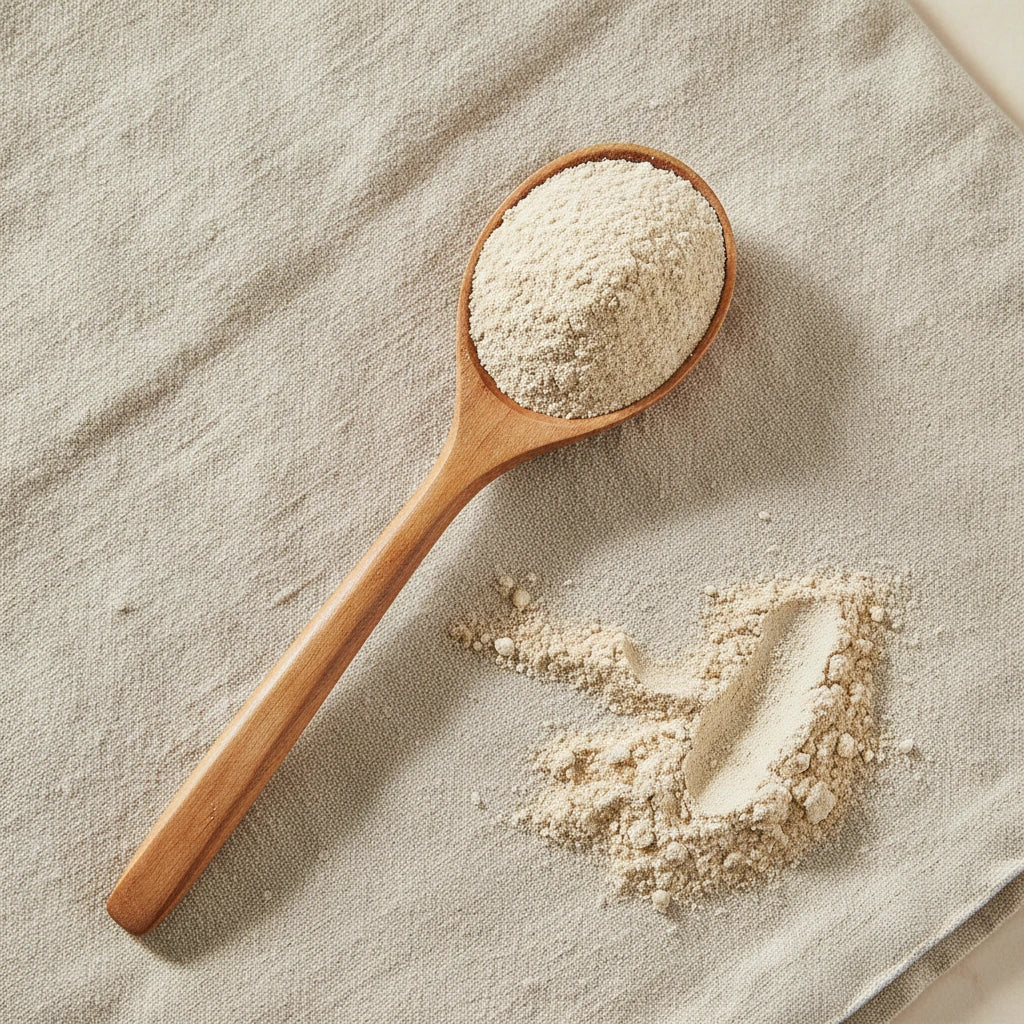 Shiny Prickly Ash Powder (Zanthoxylum Nitidum) | Create a luxurious, photorealistic product photograph featuring the original product naturally arranged in an elegant handcrafted wooden spoon on a soft, finely