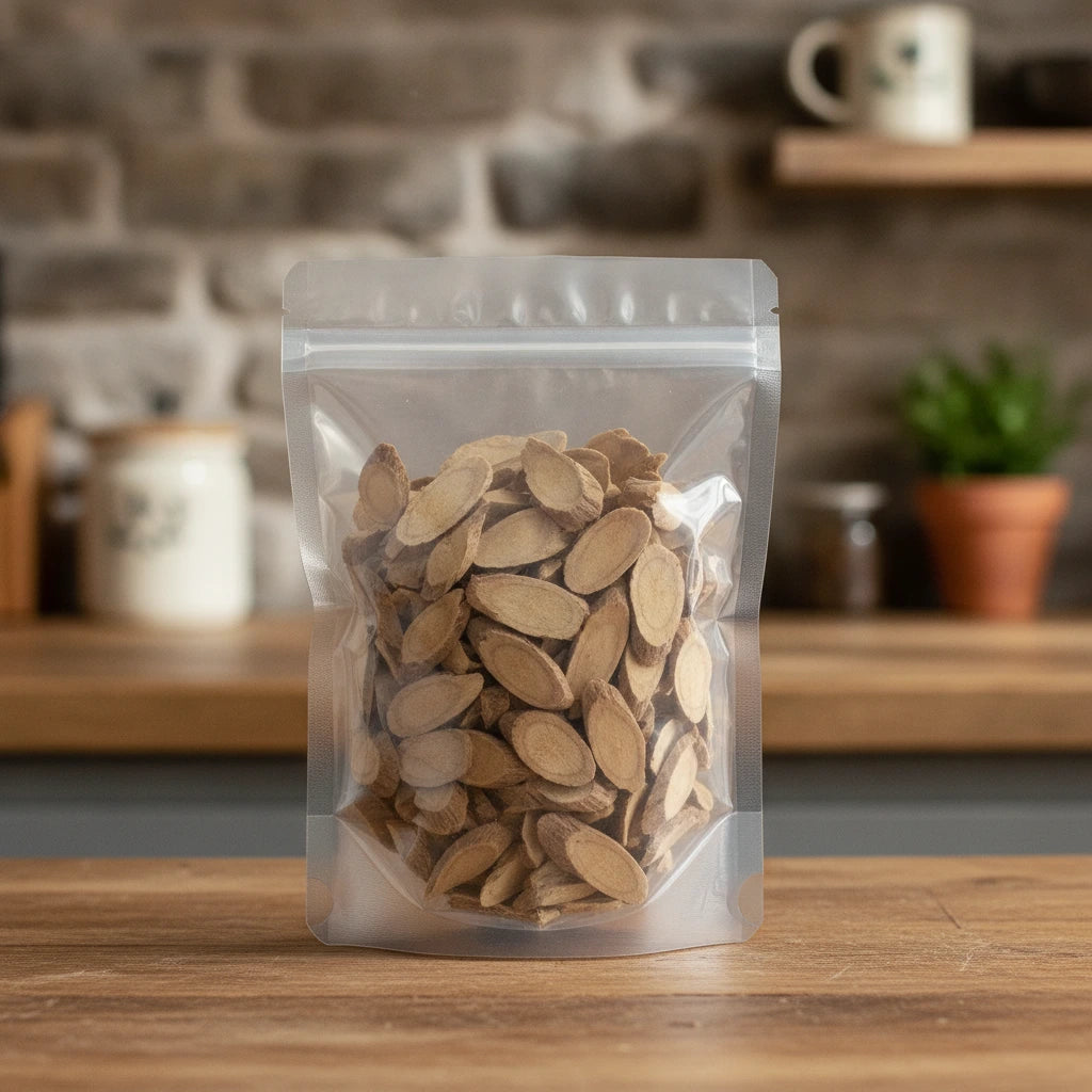 Shiny Prickly Ash Root Pieces (Zanthoxylum Nitidum) | The herb/berry/powder/fruit/root/bark that is in the black bowl, i would like it to shown in a plastic stand up resalable pouch that is clear.