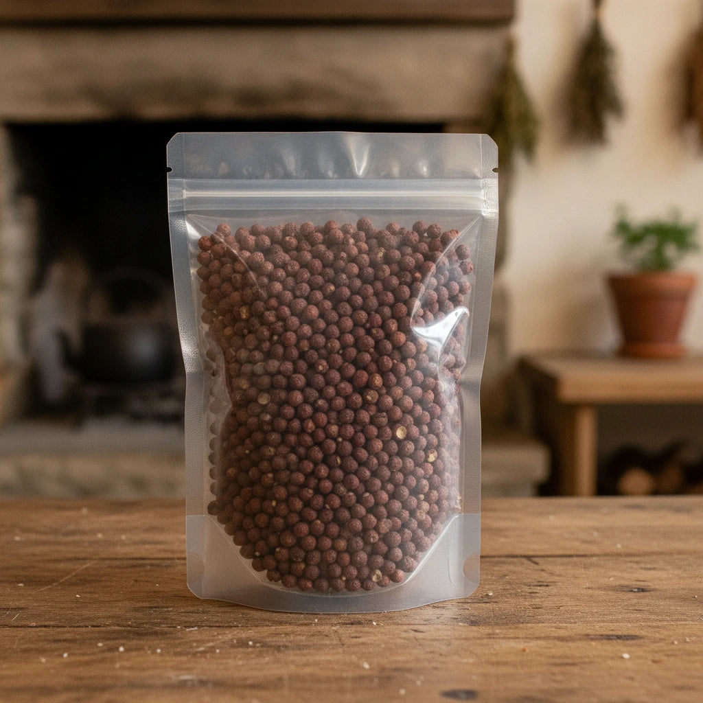Sichuan Pepper Whole (Zanthoxylum Bungeanum) | The herb/berry/powder/fruit/root/bark that is in the black bowl, i would like it to shown in a plastic stand up resalable pouch that is clear.