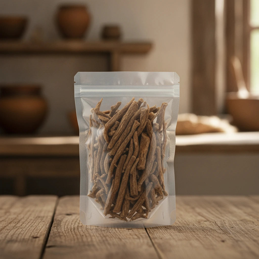 Silkvine Root Bark Whole (Periploca Sepium Bunge) | The herb/berry/powder/fruit/root/bark that is in the black bowl, i would like it to shown in a plastic stand up resalable pouch that is clear.