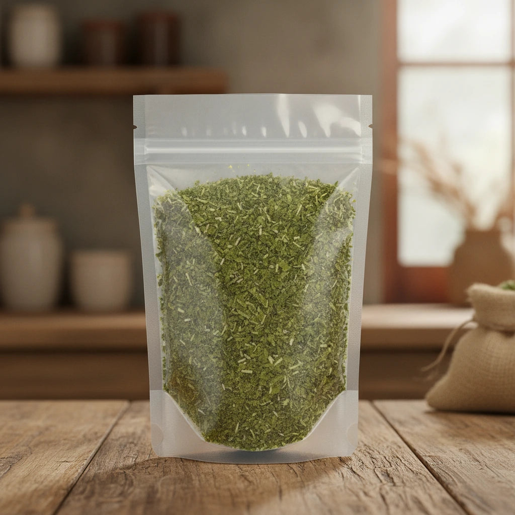 Skullcap Herb Cut (Scutelateriflora Lateriflora) | The herb/berry/powder/fruit/root/bark that is in the black bowl, i would like it to shown in a plastic stand up resalable pouch that is clear.