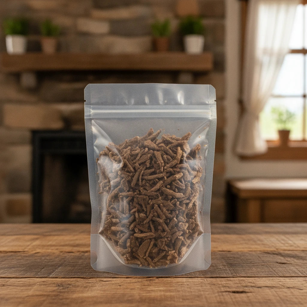 Slenderstyle Acanthopanax Root Bark Pieces (Eleutherococcus Nodiflorus) | The herb/berry/powder/fruit/root/bark that is in the black bowl, i would like it to shown in a plastic stand up resalable pouch that is clear.