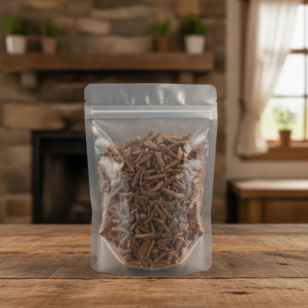 Slenderstyle Acanthopanax Root Bark Pieces (Eleutherococcus Nodiflorus) | The herb/berry/powder/fruit/root/bark that is in the black bowl, i would like it to shown in a plastic stand up resalable pouch that is clear.