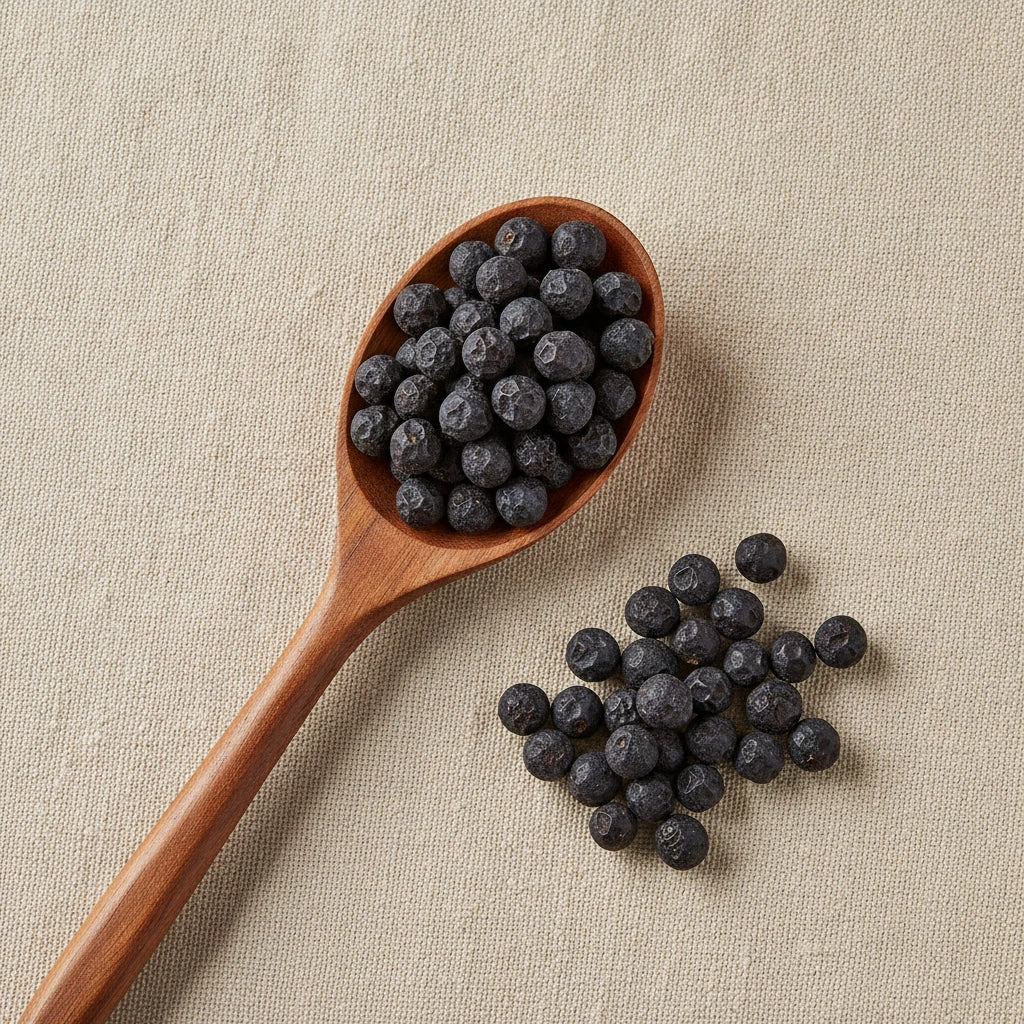 Sloe Berries Whole (Prunus Spinosa) | Create a luxurious, photorealistic product photograph featuring the original product naturally arranged in an elegant handcrafted wooden spoon on a soft, finely