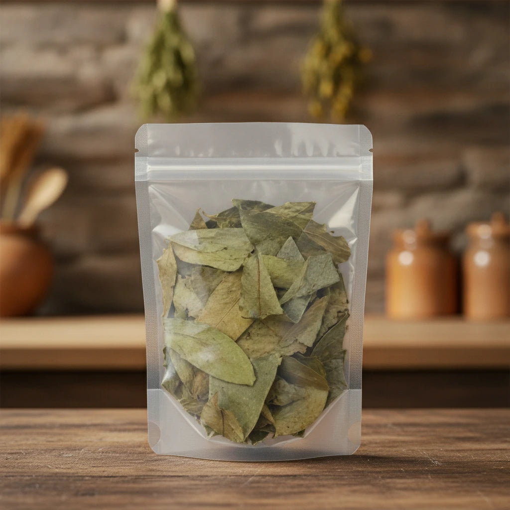 Soursop Leaf Whole (Annona Muricata) | The herb/berry/powder/fruit/root/bark that is in the black bowl, i would like it to shown in a plastic stand up resalable pouch that is clear.
