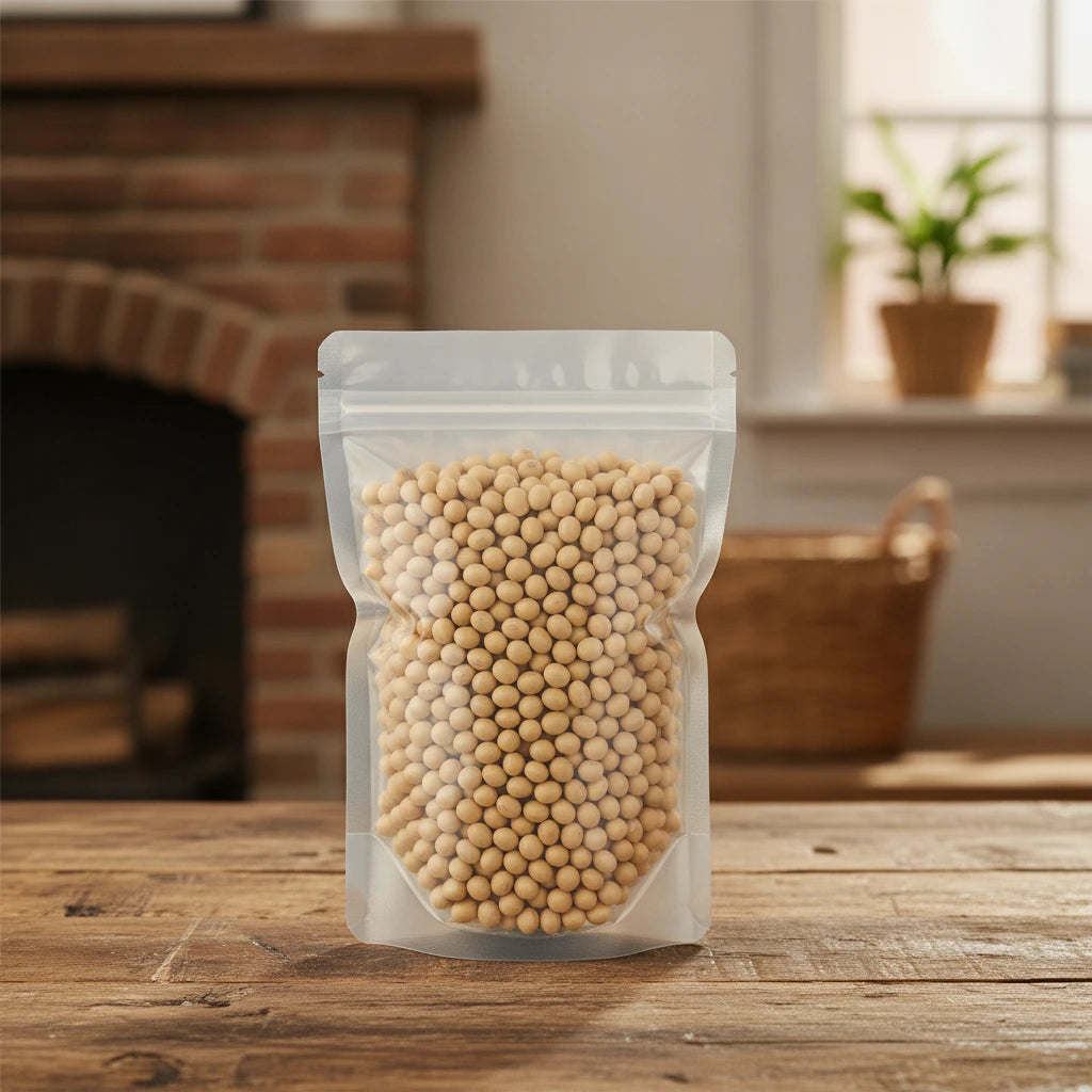Soybeans Whole (Glycine Max) | The herb/berry/powder/fruit/root/bark that is in the black bowl, i would like it to shown in a plastic stand up resalable pouch that is clear.