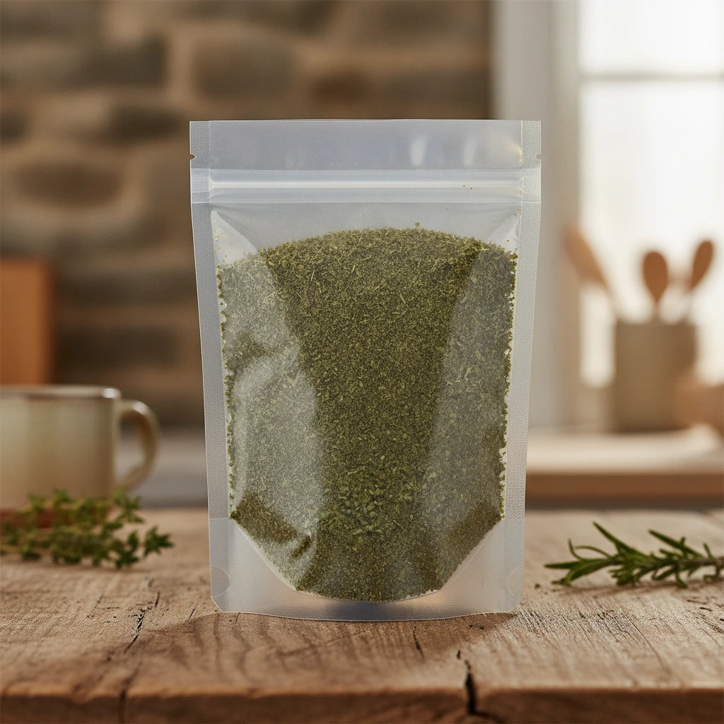 Spearmint Leaf Cut (Egyptian) (Mentha Spicata) | The herb/berry/powder/fruit/root/bark that is in the black bowl, i would like it to shown in a plastic stand up resalable pouch that is clear.
