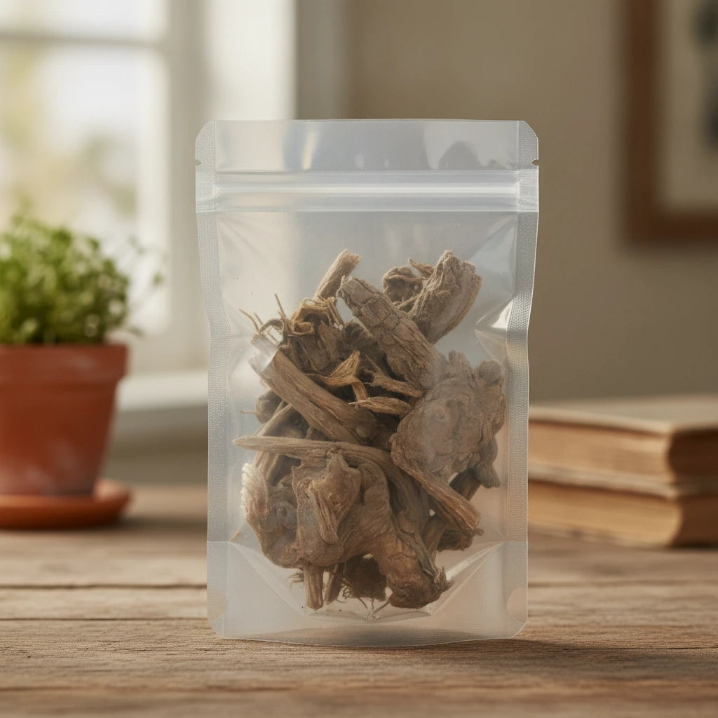 Spikenard Root Whole (Aralia racemosa) | The herb/berry/powder/fruit/root/bark that is in the black bowl, i would like it to shown in a plastic stand up resalable pouch that is clear.