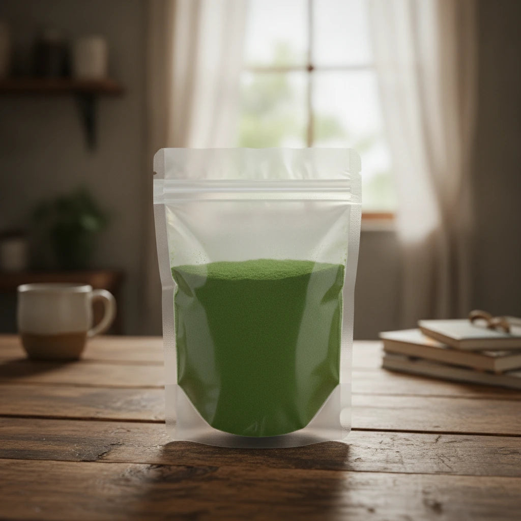 Spinach Leaf Powder (Spinacia Oleracea) | The herb/berry/powder/fruit/root/bark that is in the black bowl, i would like it to shown in a plastic stand up resalable pouch that is clear.