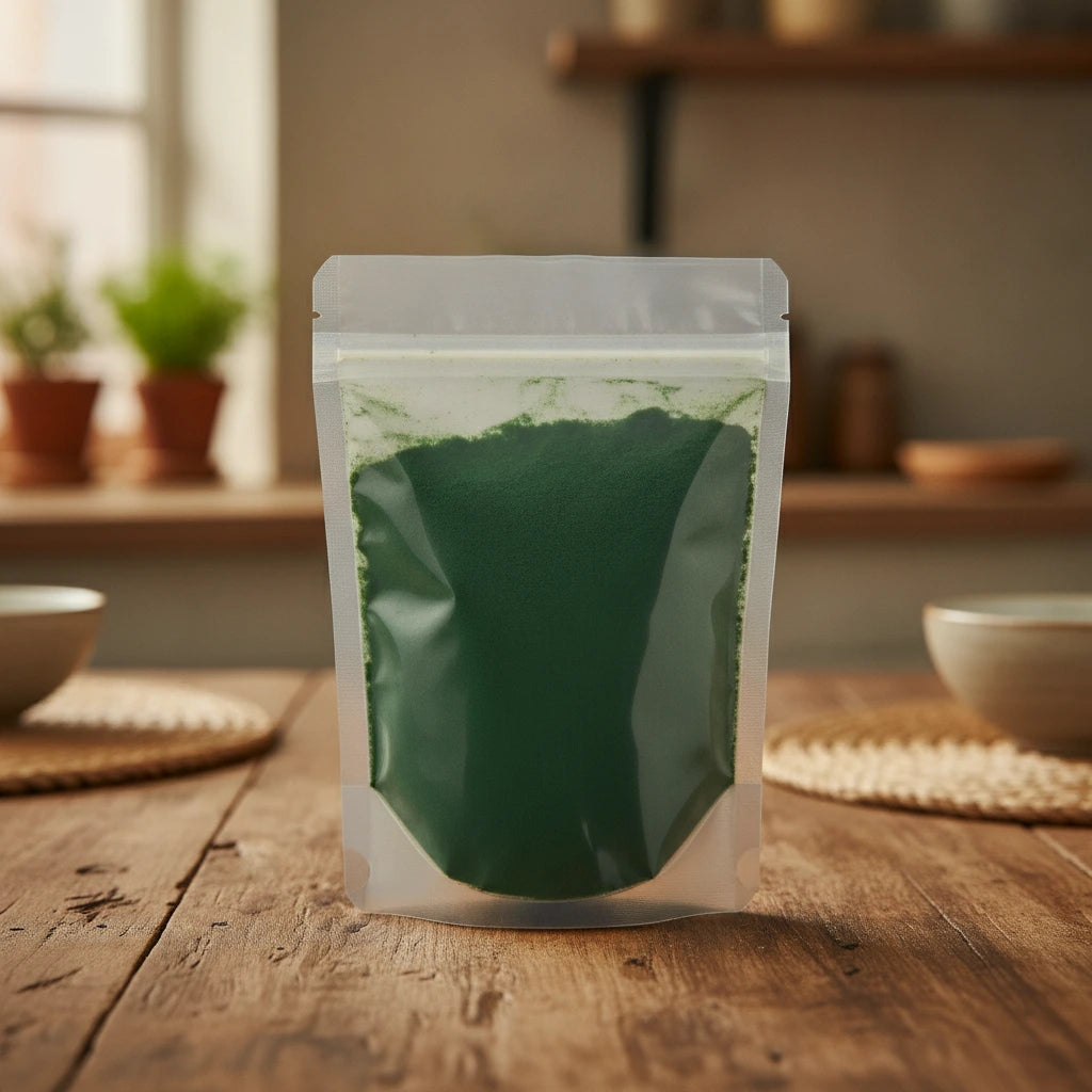 Spirulina Powder (Spirulina Platensis) | The herb/berry/powder/fruit/root/bark that is in the black bowl, i would like it to shown in a plastic stand up resalable pouch that is clear.