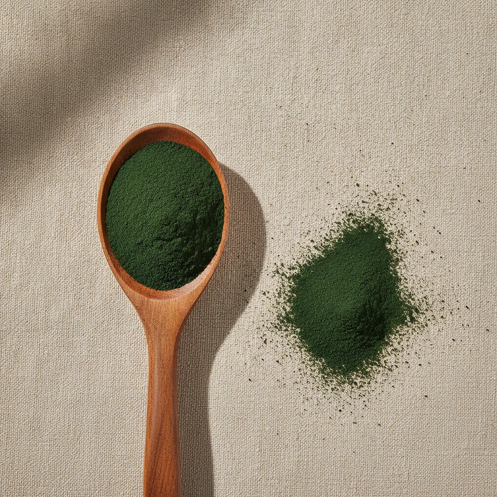 Spirulina Powder (Spirulina Platensis) | Create a luxurious, photorealistic product photograph featuring the original product naturally arranged in an elegant handcrafted wooden spoon on a soft, finely