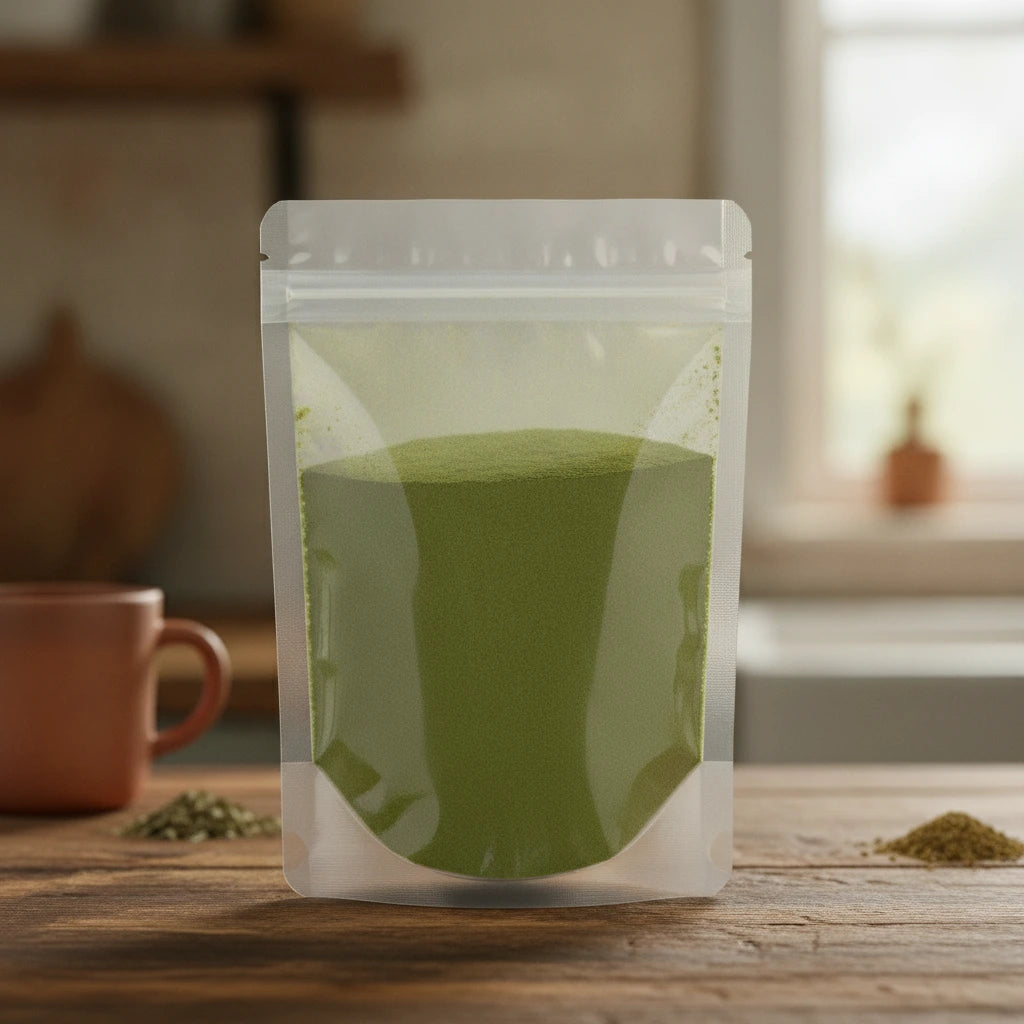 Stevia Leaf Powder (Stevia Rebaudiana) | The herb/berry/powder/fruit/root/bark that is in the black bowl, i would like it to shown in a plastic stand up resalable pouch that is clear.
