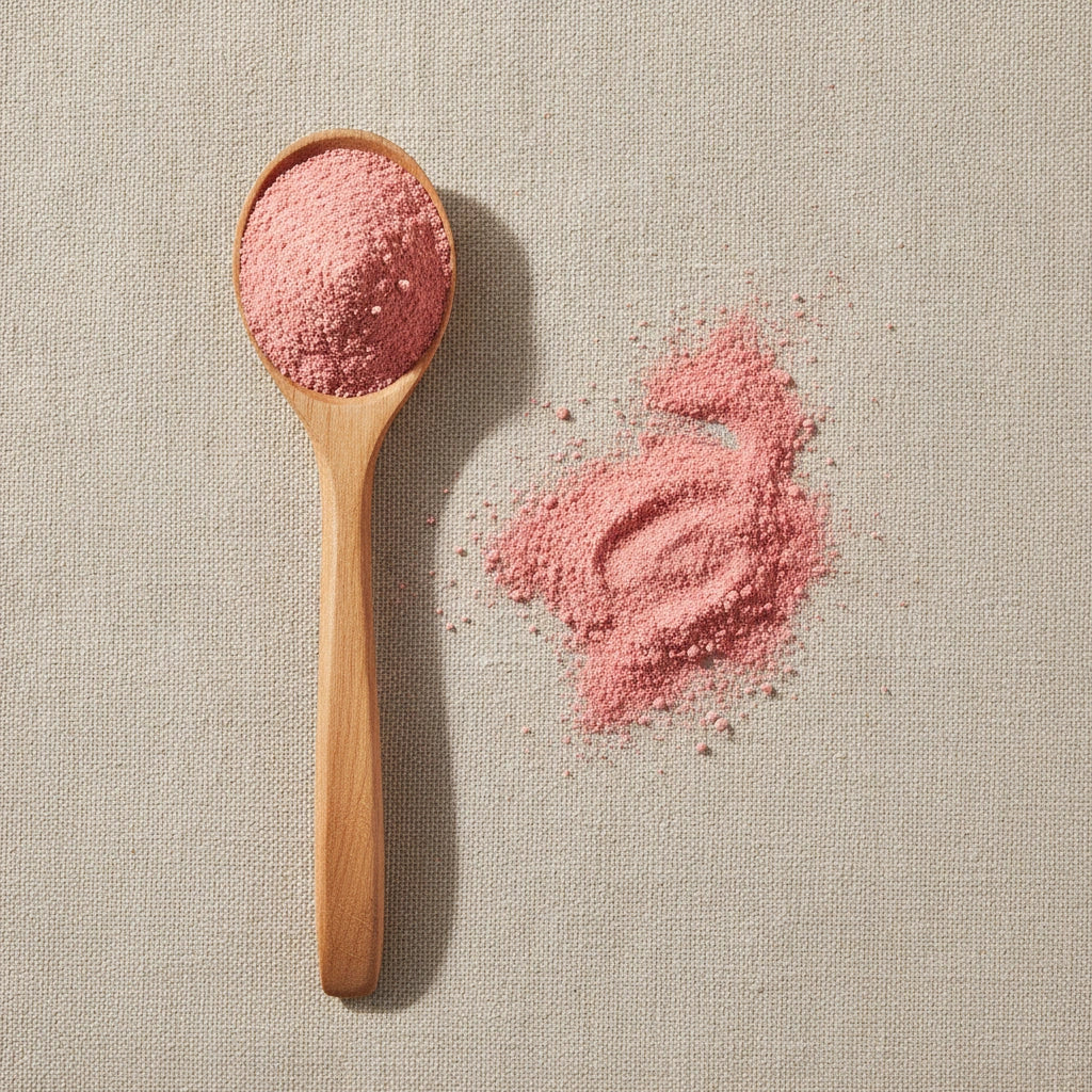 Strawberry Freeze-Dried Powder (Fragaria Virginiana) | Create a luxurious, photorealistic product photograph featuring the original product naturally arranged in an elegant handcrafted wooden spoon on a soft, finely