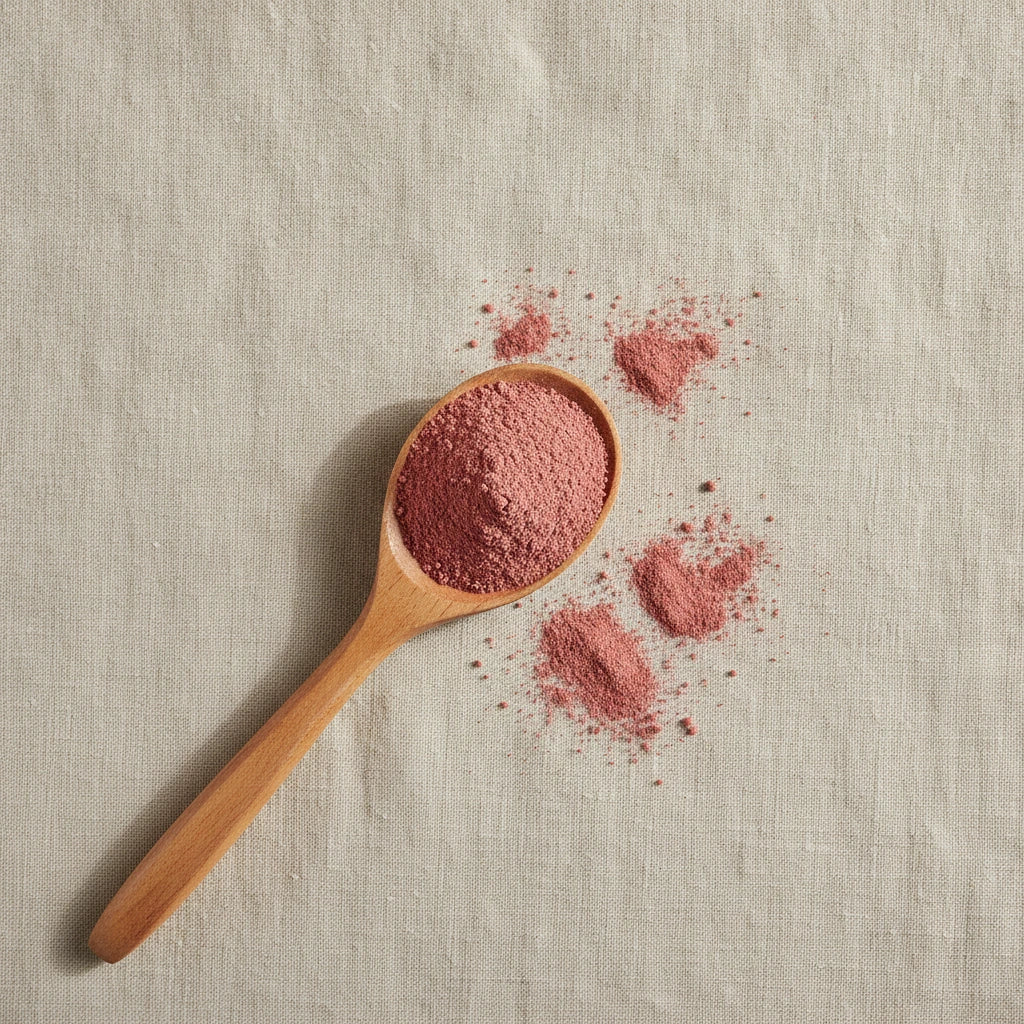Strawberry Juice Powder (Fragaria Vesca) | Create a luxurious, photorealistic product photograph featuring the original product naturally arranged in an elegant handcrafted wooden spoon on a soft, finely