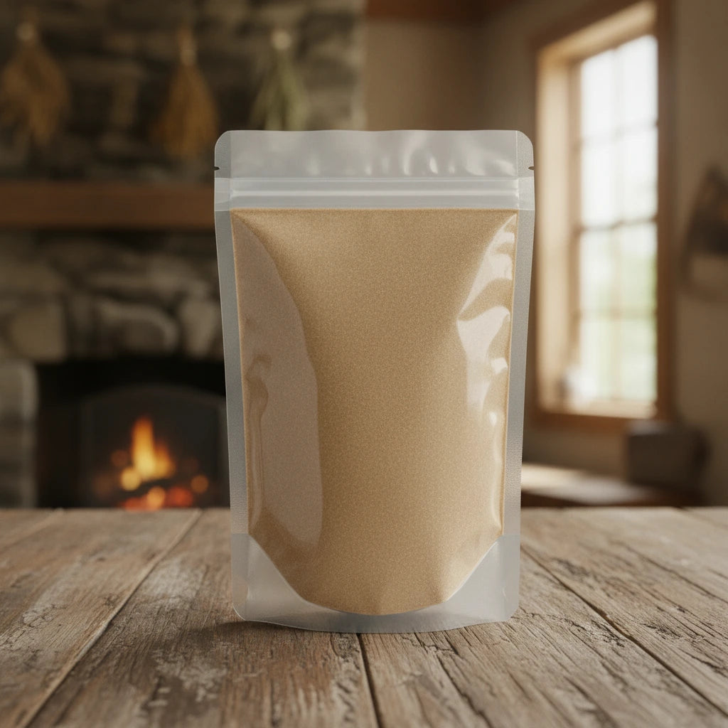Suma Powder (Pfaffia Glomerata) | The herb/berry/powder/fruit/root/bark that is in the black bowl, i would like it to shown in a plastic stand up resalable pouch that is clear.