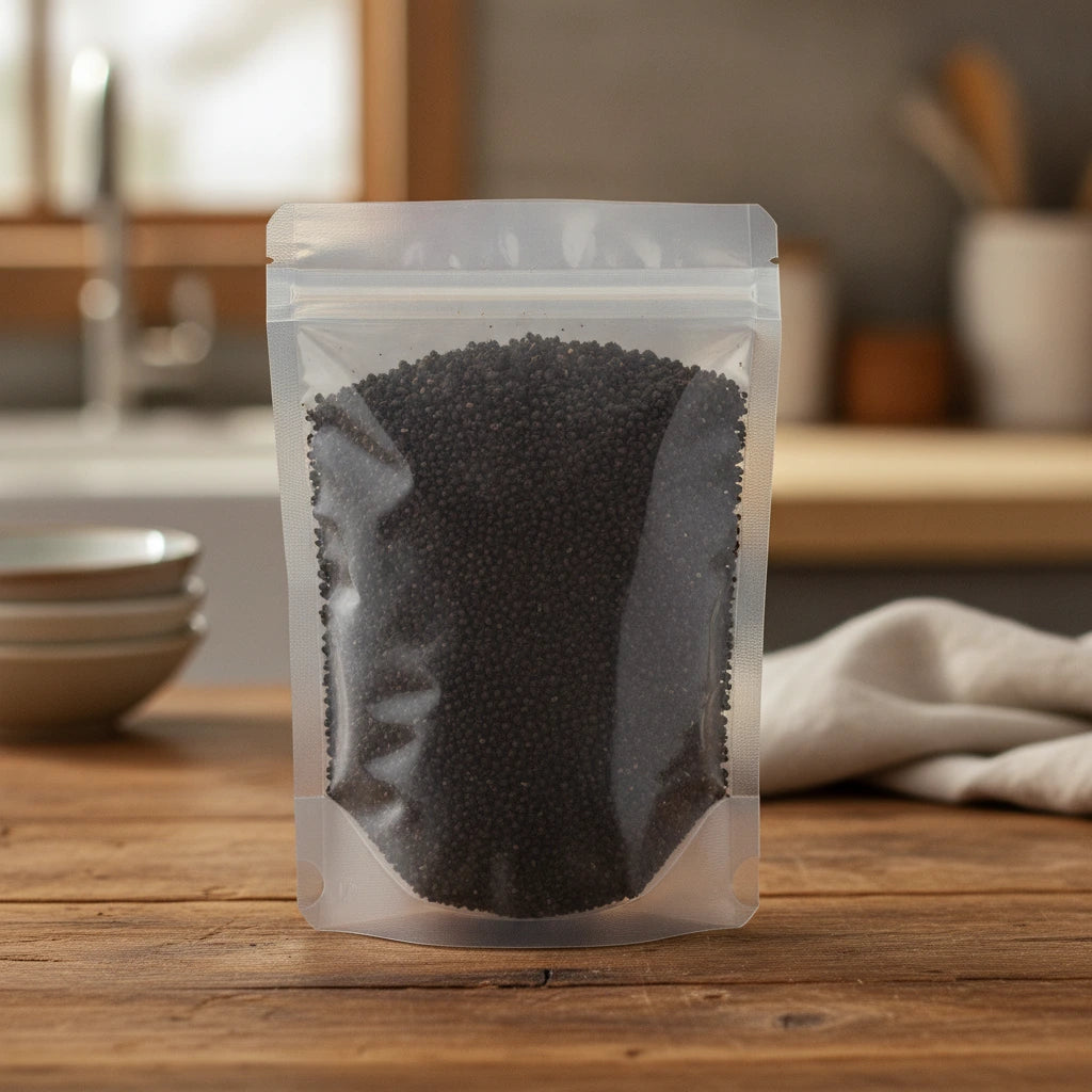 Summer Cypress Fruit Whole (Kochia Scoparia) | The herb/berry/powder/fruit/root/bark that is in the black bowl, i would like it to shown in a plastic stand up resalable pouch that is clear.