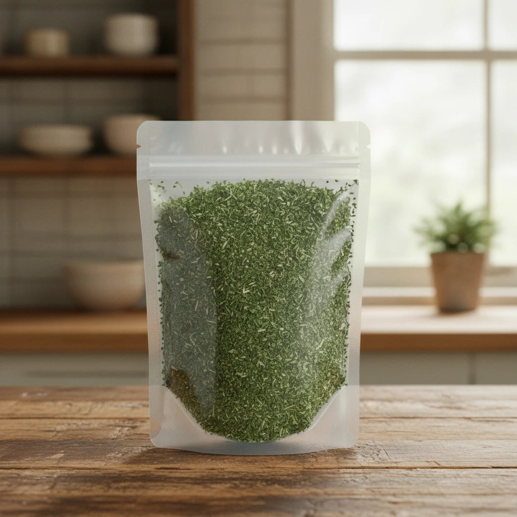Sweet Annie Herb Cut (Artemisia Annua) | The herb/berry/powder/fruit/root/bark that is in the black bowl, i would like it to shown in a plastic stand up resalable pouch that is clear.