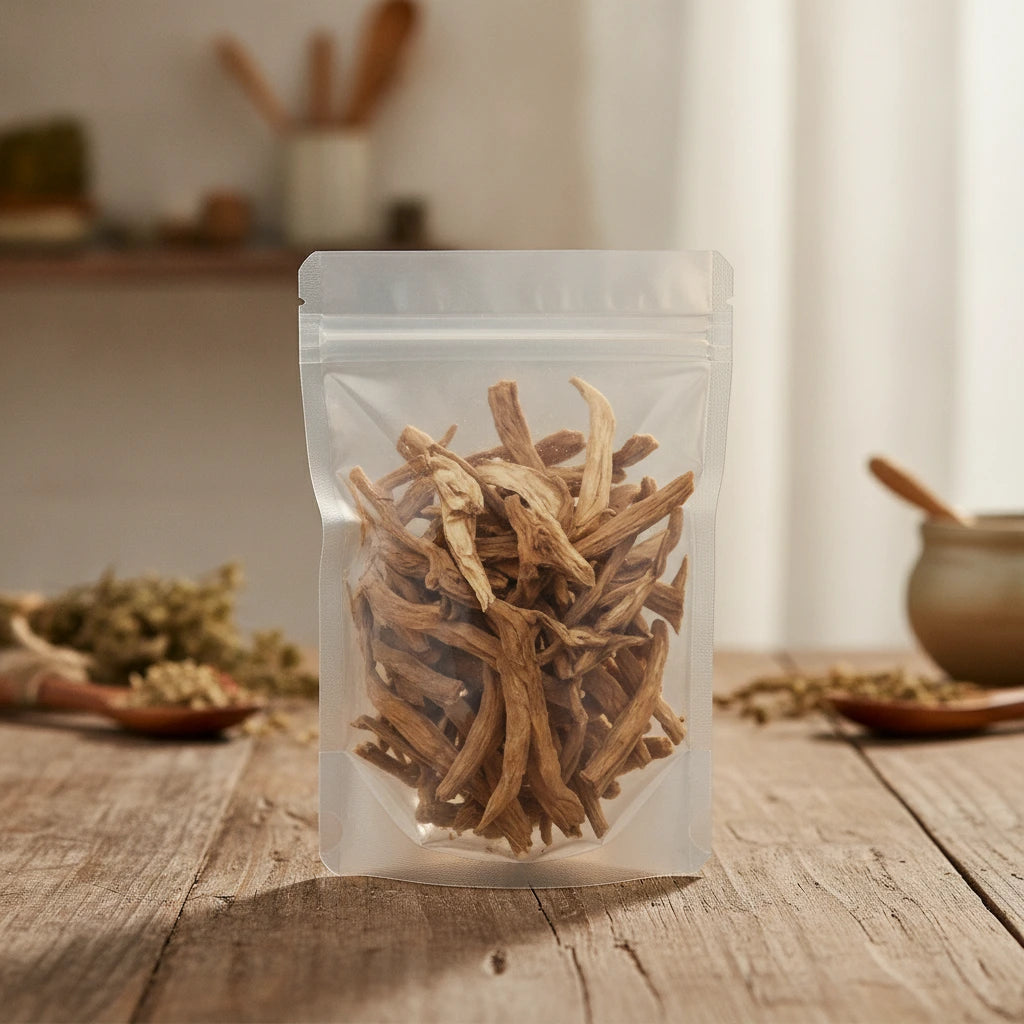 Teasel Root Pieces (Radix Dipsacus Asper) | The herb/berry/powder/fruit/root/bark that is in the black bowl, i would like it to shown in a plastic stand up resalable pouch that is clear.