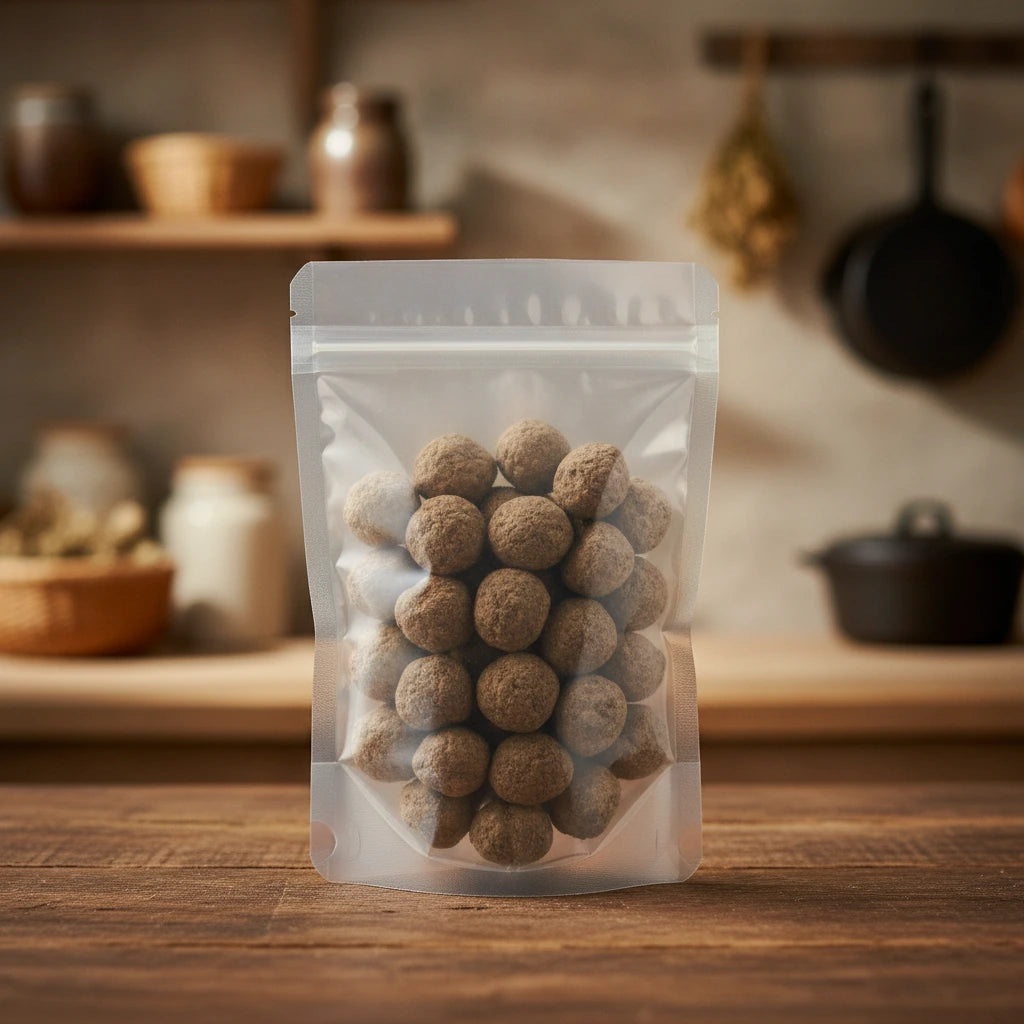 Tiger Milk Mushroom Whole (Lignosus Rhinocerotis) | The herb/berry/powder/fruit/root/bark that is in the black bowl, i would like it to shown in a plastic stand up resalable pouch that is clear.