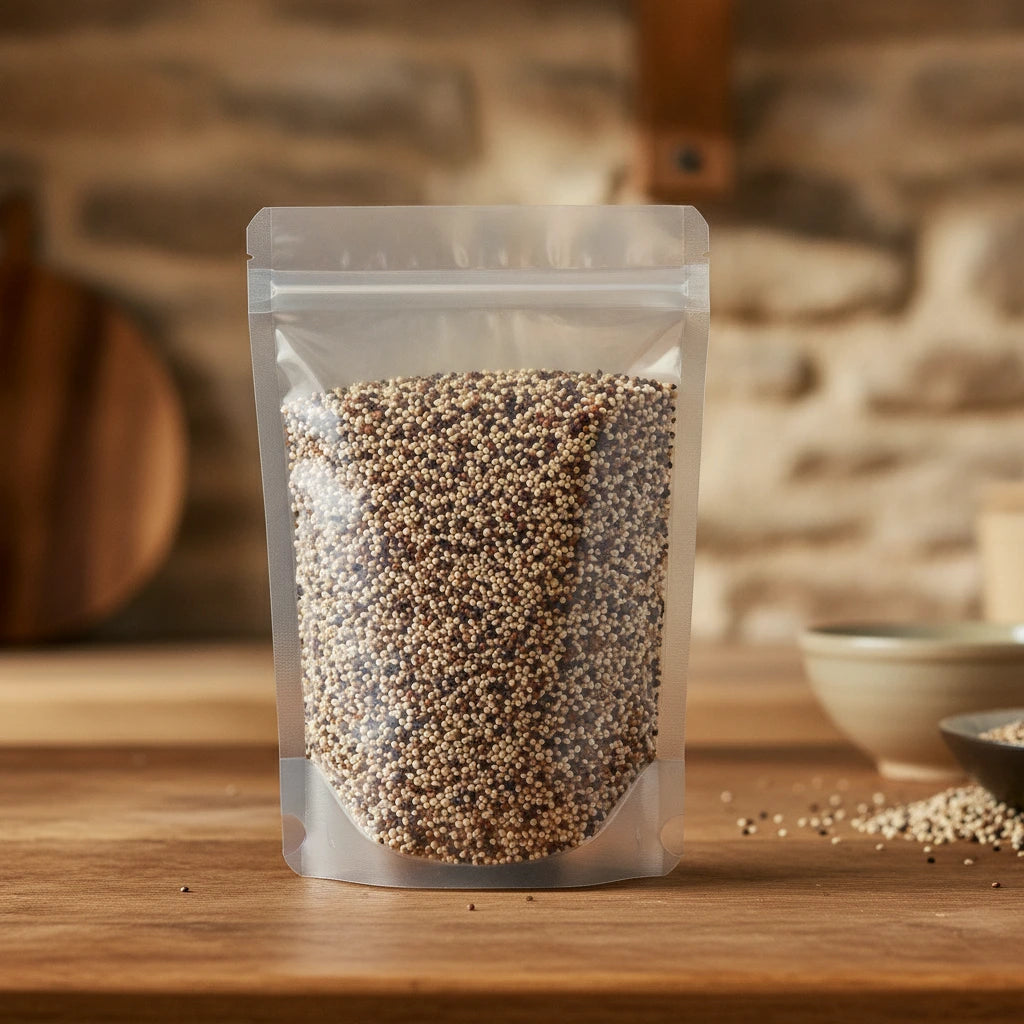 Tri-Color Quinoa Seed Whole (Chenopodium Quinoa) | The herb/berry/powder/fruit/root/bark/seeds that is in the black bowl, i would like it to shown in a plastic stand up resalable pouch that is clear.