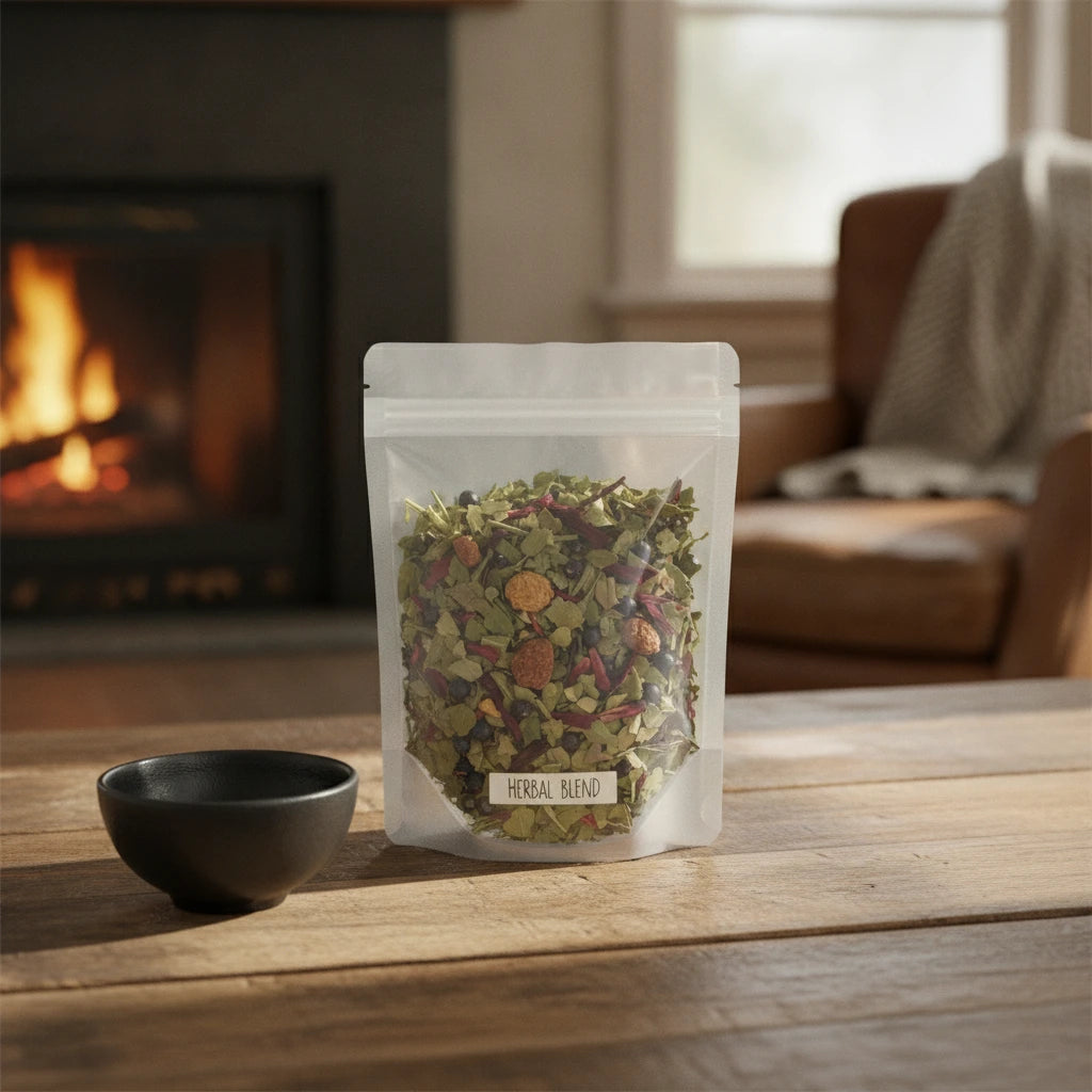 Triple Berry Herbal Tea | The herb/powder/tea that is in the black bowl, i would like it to shown in a plastic stand up resalable bag that is clear.