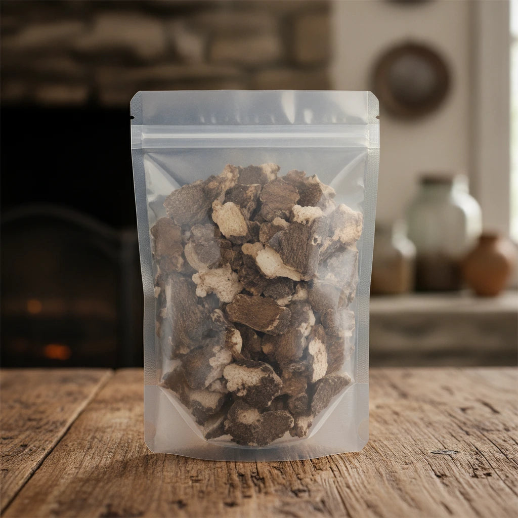 Tuckahoe Peel Pieces (Wolfiporia Extensa) | The herb/berry/powder/fruit that is in the black bowl, i would like it to shown in a plastic stand up resalable bag that is clear.