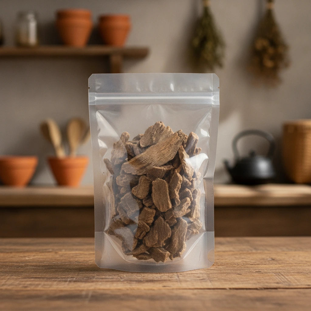 Tumba Vaquero Root Pieces (Ipomoea Stans) | The herb/berry/powder/fruit/root/bark that is in the black bowl, i would like it to shown in a plastic stand up resalable pouch that is clear.