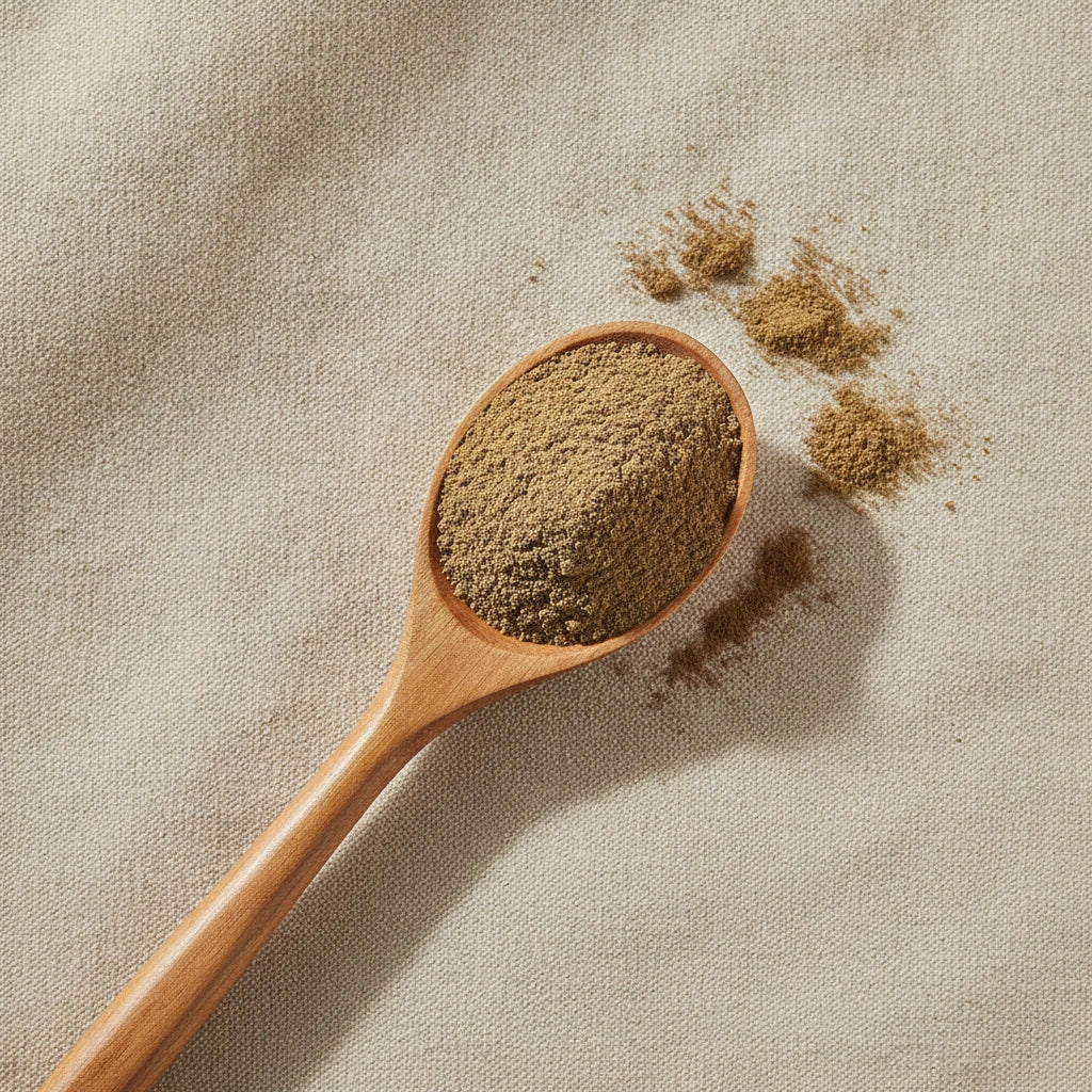 Turkey Tail Mushroom Powder (Trametes Versicolor) | Create a luxurious, photorealistic product photograph featuring the original product naturally arranged in an elegant handcrafted wooden spoon on a soft, finely