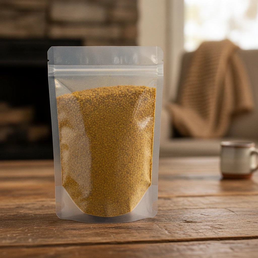Turmeric Golden Chai Tea | The herb/berry/powder/fruit/root/bark that is in the black bowl, i would like it to shown in a plastic stand up resalable pouch that is clear.
