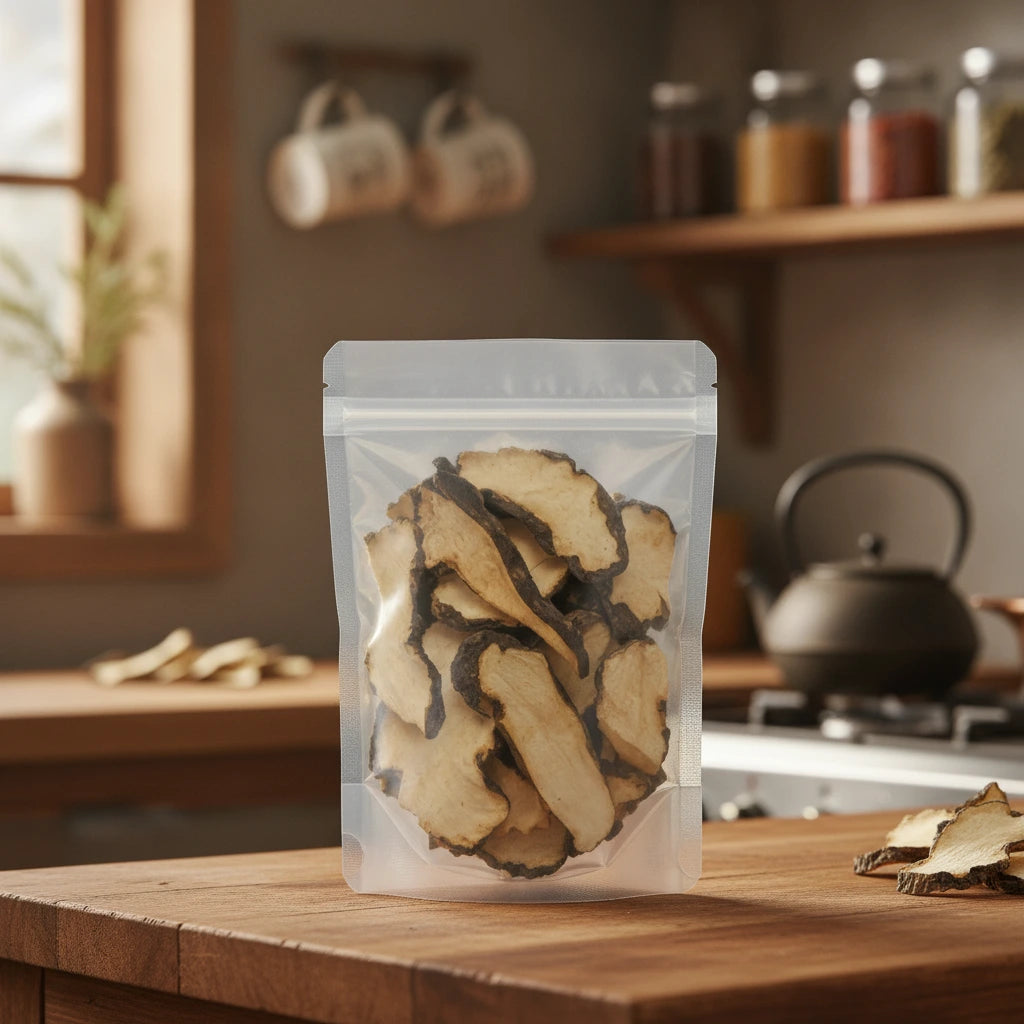 Umbrella Polypore Mushroom Whole (Polyporus Umbellatus) | The herb/berry/powder/fruit/root/bark that is in the black bowl, i would like it to shown in a plastic stand up resalable pouch that is clear.