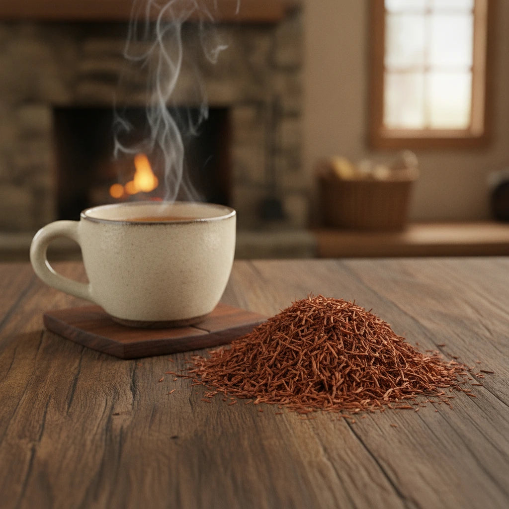Vanilla Rooibos Red Tea (Aspalathus Linearis) | Can you show this tea outside of the bag and bowl, on a table next to a hot tea cup in a rustic home.